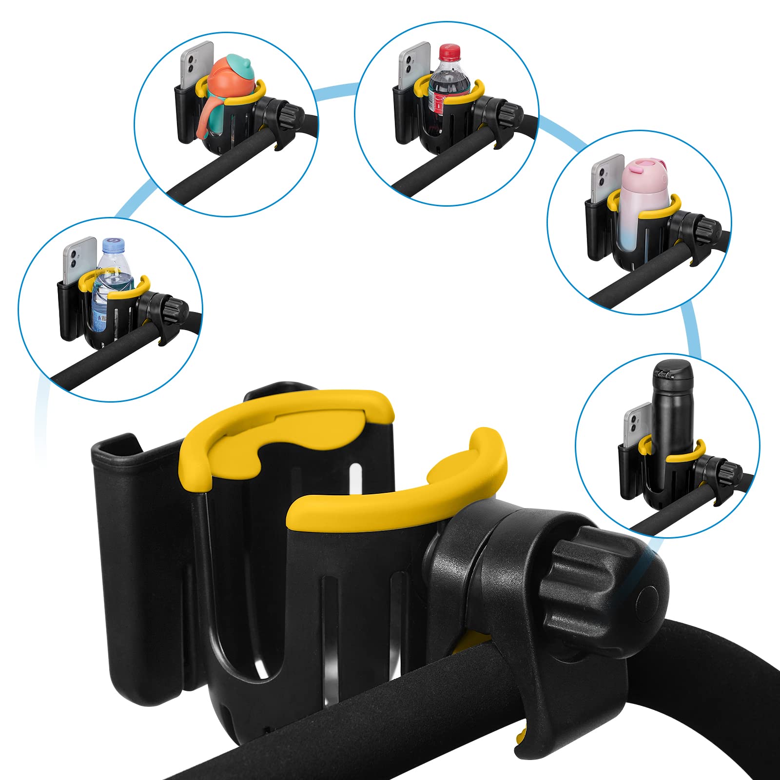 **Accmor Universal 2-in-1 Cup & Phone Holder for Strollers, Bikes, Walkers & Wheelchairs - Black & Yellow - Perfect for Parents, Cyclists & Seniors On-the-Go**
