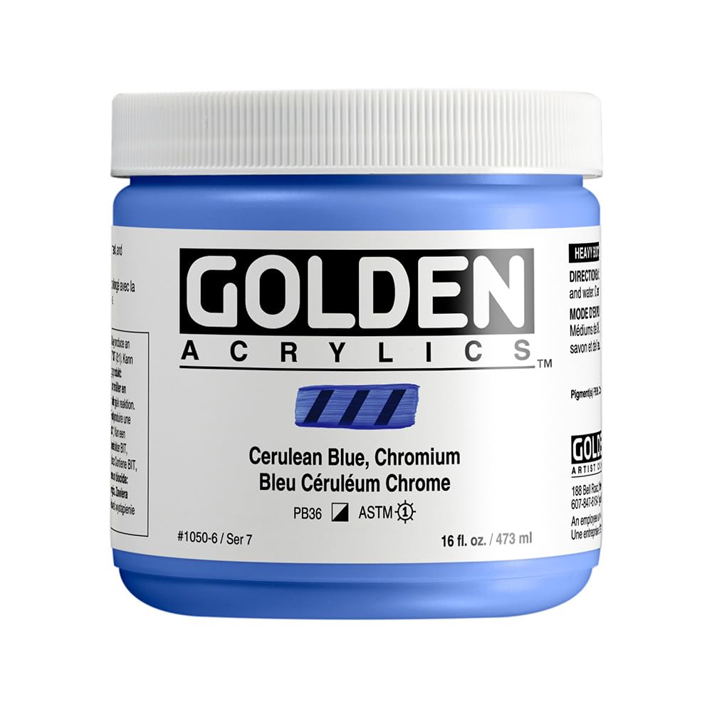 GOLDEN Heavy Body Acrylic Paint - Cerulean Blue Chromium (16 fl. oz Jar) | Professional Grade Semi-Opaque Acrylics for Canvas Painting, DIY Art Projects & Home Decor