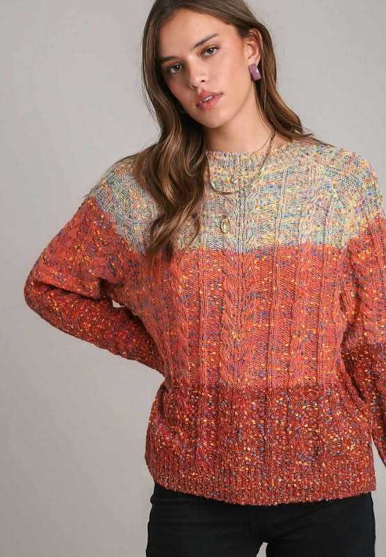 Chunky Cable Knit Color Block Sweater Women's Long Sleeve Round Neck Pullover for Fall Winter Fashion & Casual Outfits