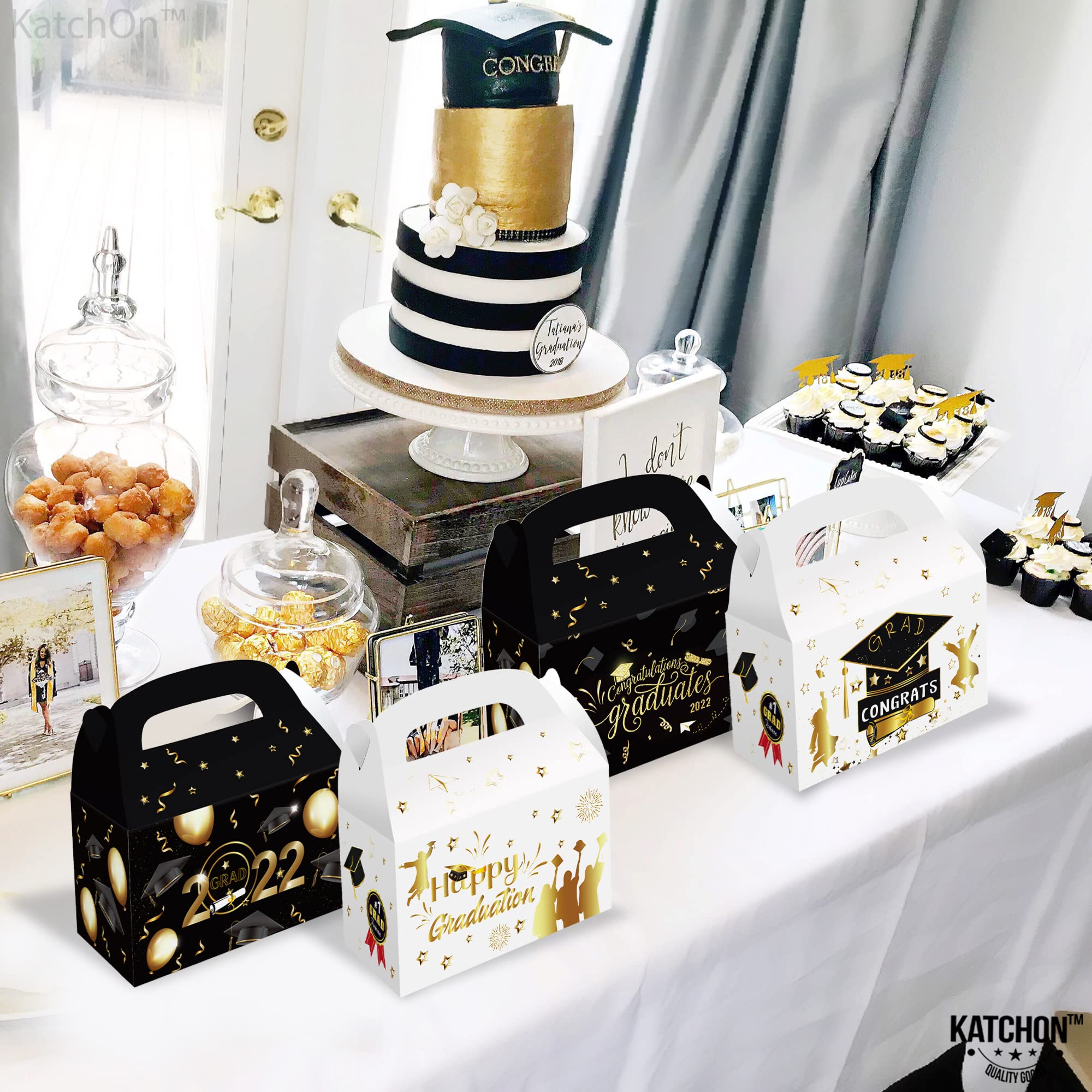 Happy Graduation Gift Boxes 2023 - Pack of 12 Elegant Black & Gold Graduation Card Boxes with Party Decorations | Perfect for Graduation Party Favors, Treat Boxes & Centerpieces | Ideal for High School & College Graduation Celebrations