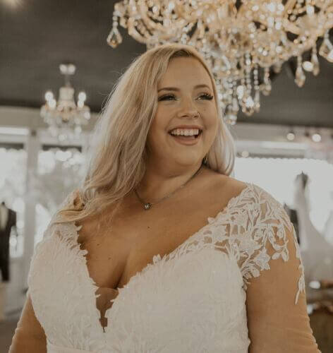 Elegant Plus Size Long Sleeve Lace Wedding Dress with V-Neck A-Line Silhouette | UK Bridal Gown for Church, Beach, and Garden Weddings