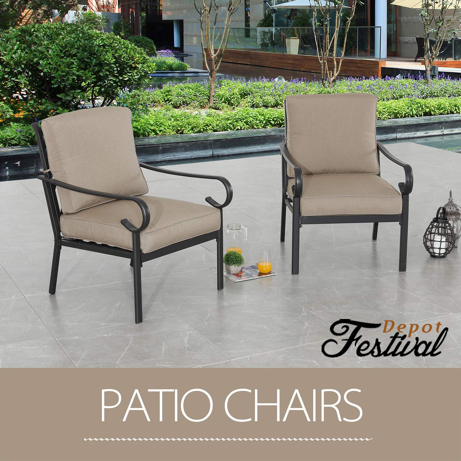 2-Piece Patio Dining Chairs Set - All-Weather Metal Bistro Armchairs with Cushions for Outdoor Porch, Deck, Garden & Backyard - Khaki - Perfect for Relaxing, Entertaining & Dining Al Fresco