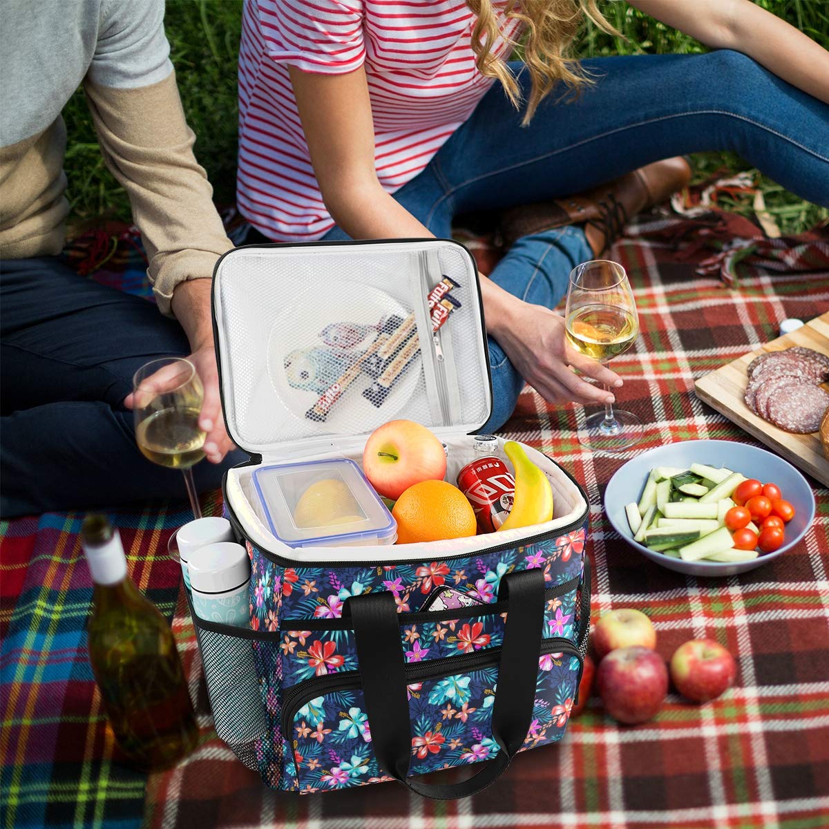 15L Leakproof Insulated Cooler Lunch Bag for Office, Work, Picnic, Hiking & Beach - Reusable Lunch Box Organizer with Adjustable Shoulder Strap - Tropical Palm Flower Design - Perfect for Meal Prep, Camping & Outdoor Adventures