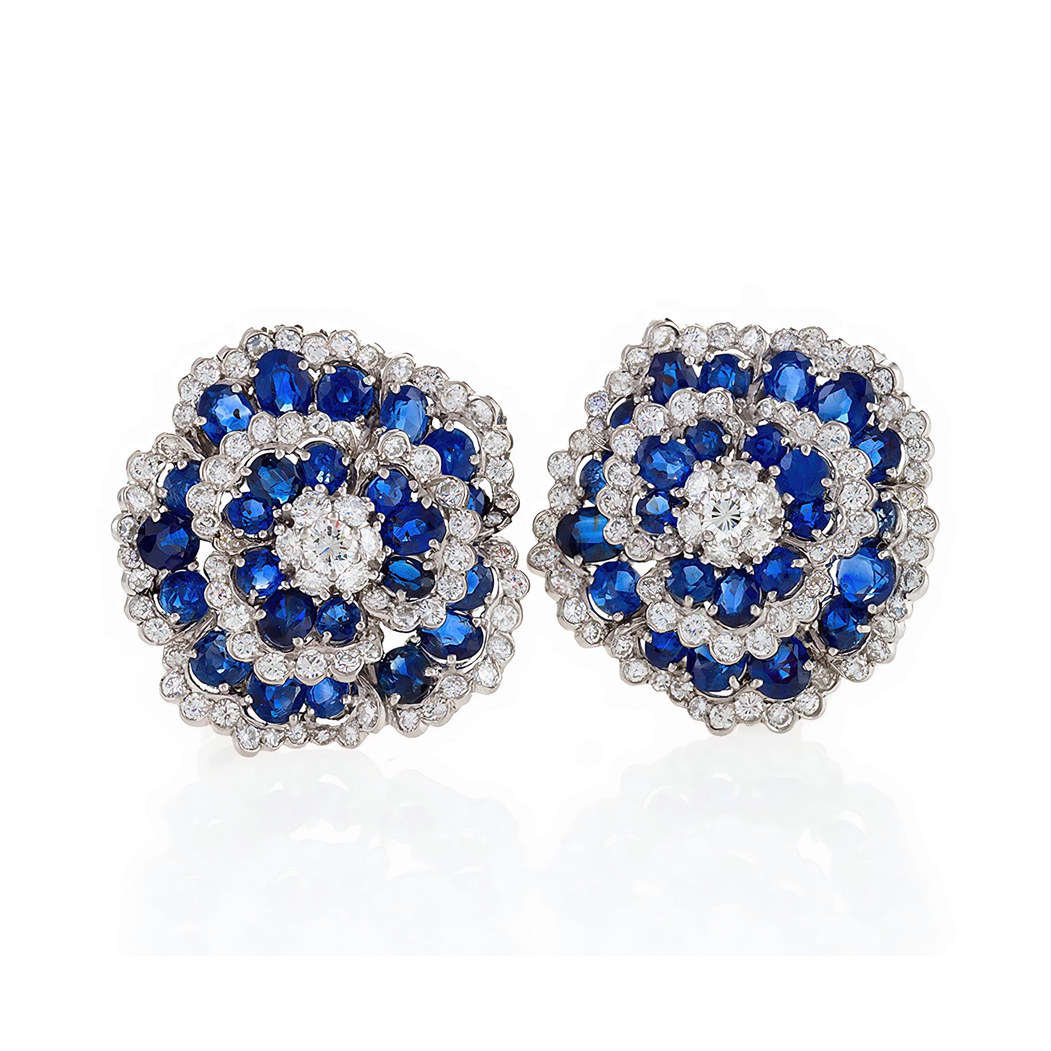 Van Cleef & Arpels Sapphire & Diamond Camellia Earrings - Luxury 18K White Gold Floral Stud Earrings for Women, Perfect for Weddings, Anniversaries & Special Occasions