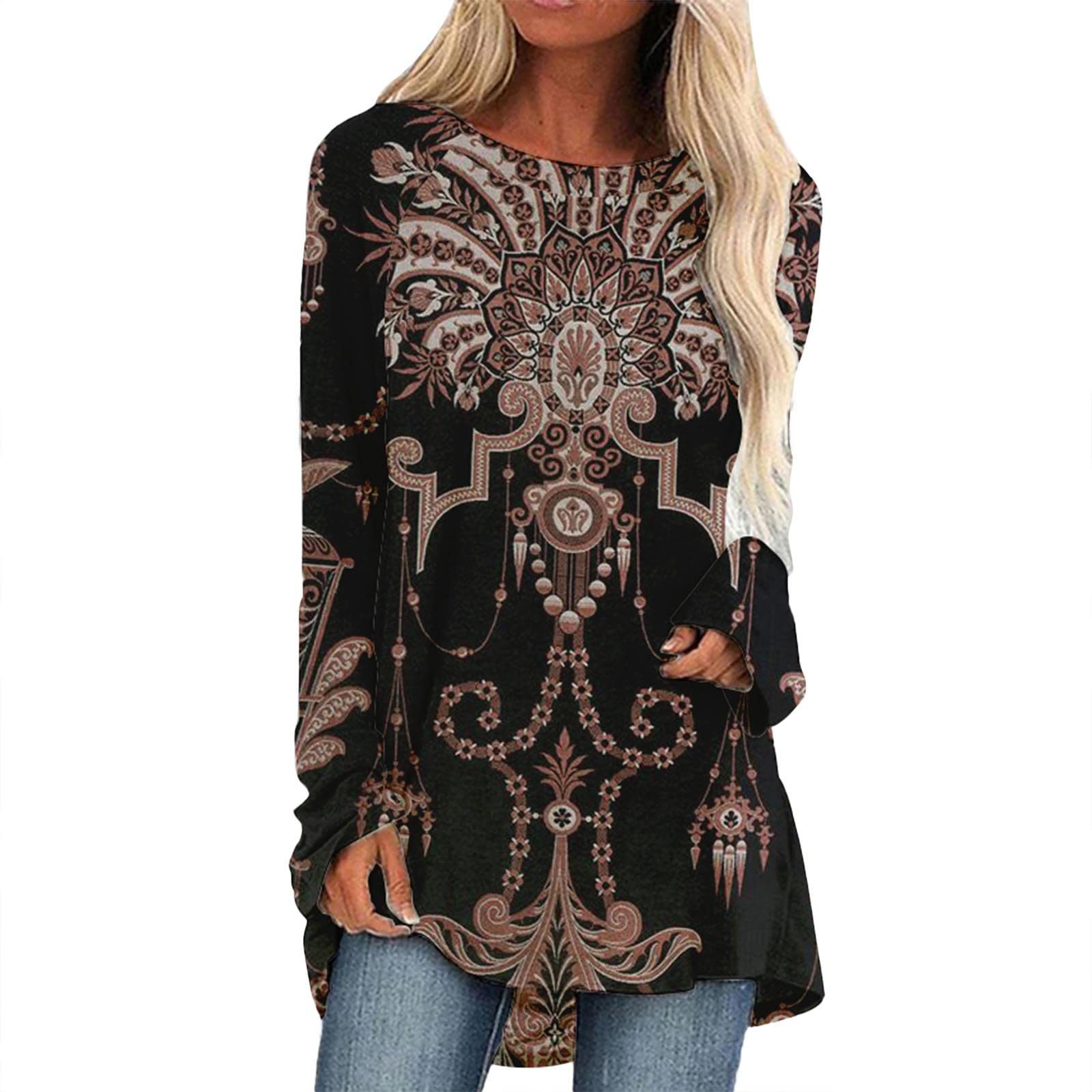Women's Long Sleeve Ethnic Print Blouse - Casual Round Neck T-Shirt Top for Ladies | Perfect for Everyday Wear, Office Outfits & Boho Fashion Styles