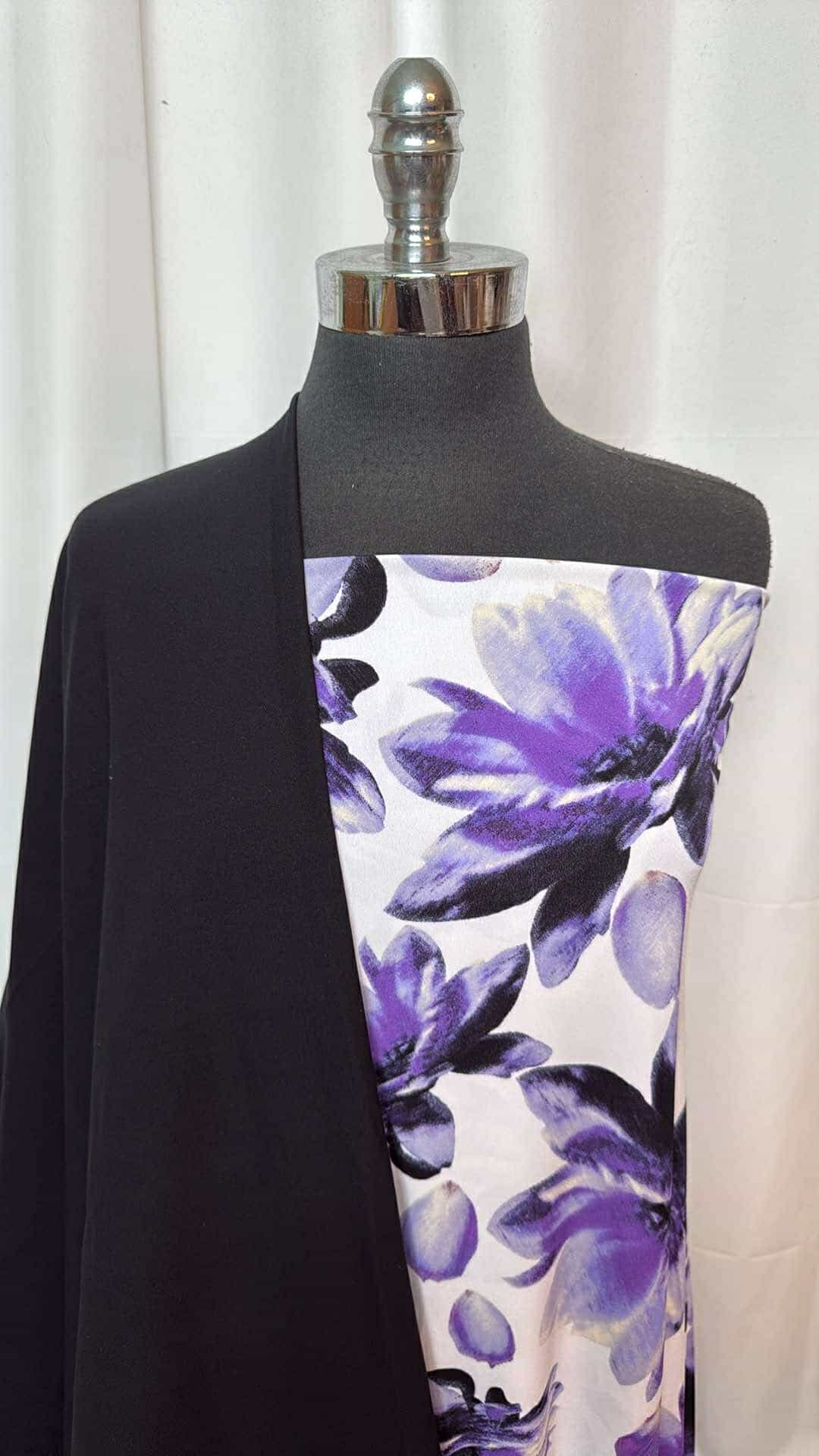 4.5 Yard Purple Floral ITY Knit Fabric & 2 Yard Black Peached Polyester Bundle - A26917 for DIY Dresses, Skirts & Home Decor Projects