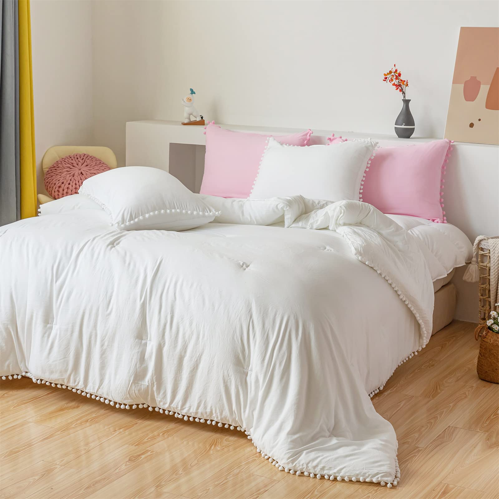 Boho White King Size Comforter Set with Pom Pom Trim - 3 Piece Microfiber Bedding Set Includes 1 Comforter & 2 Decorative Pillowcases - Soft & Cozy for Master Bedroom, Guest Room or Dorm Decor