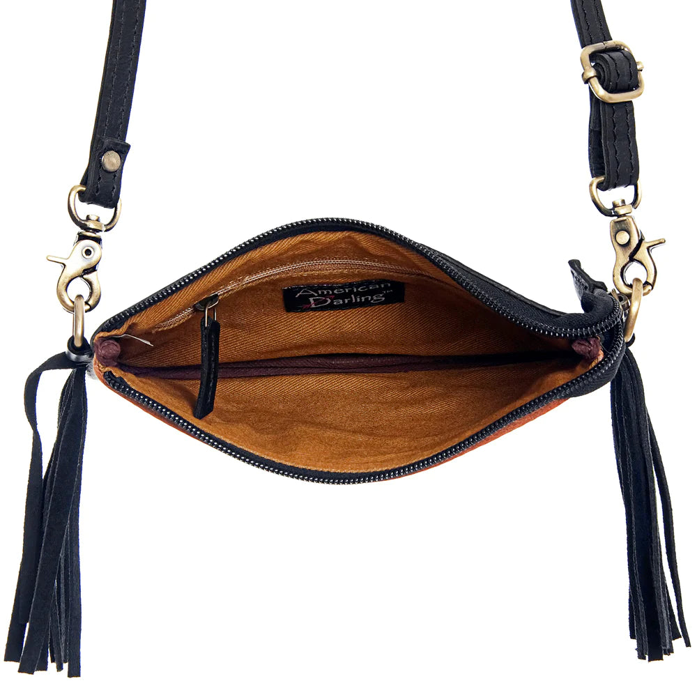 American Darling Fringe Tooled Leather Clutch - Handmade Cowhide Women's Evening Bag for Parties, Weddings & Date Nights