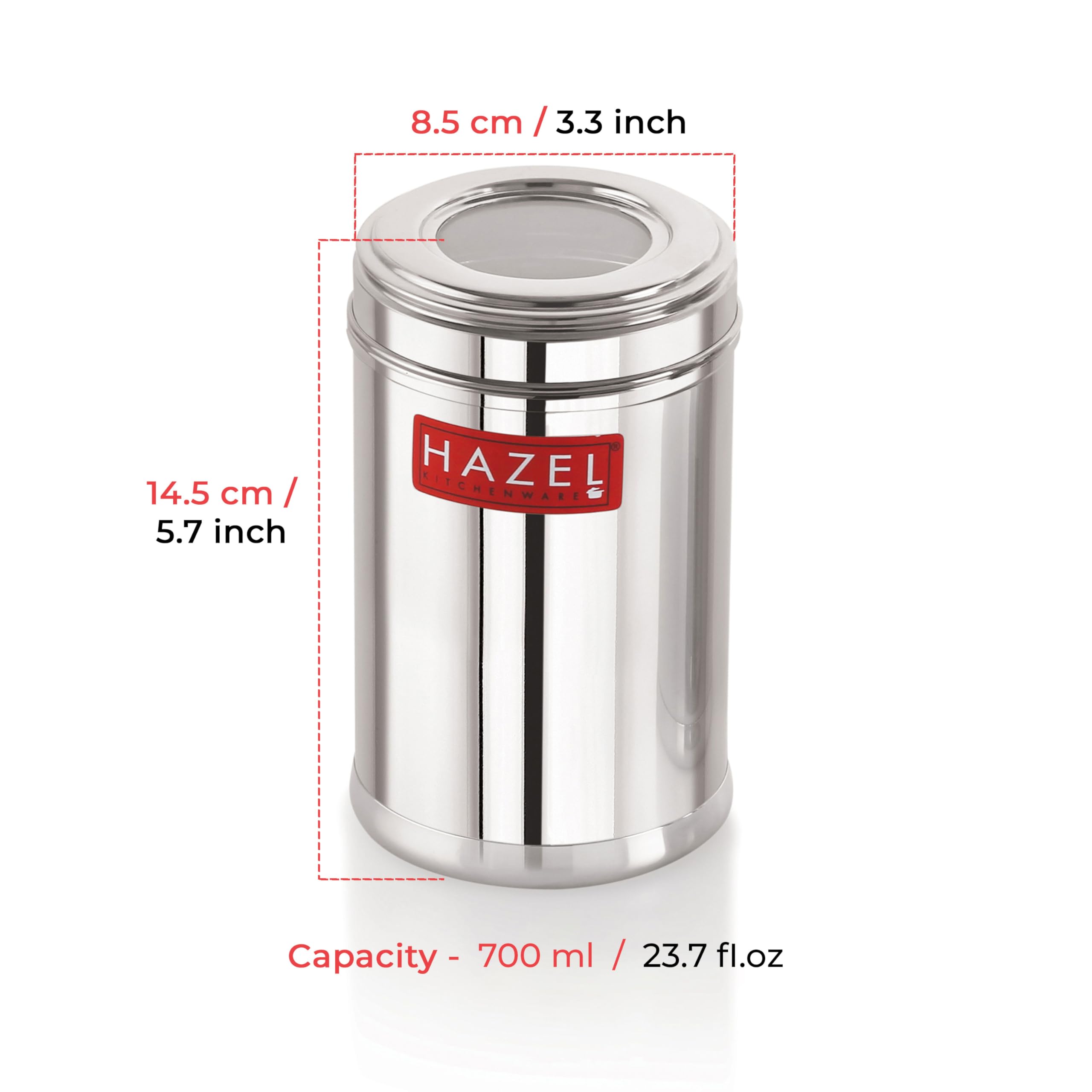 HAZEL Stainless Steel Kitchen Container Set with Transparent Lid, Matt Finish, 700 ML, 6-Piece for Pantry, Spice, and Dry Food Storage