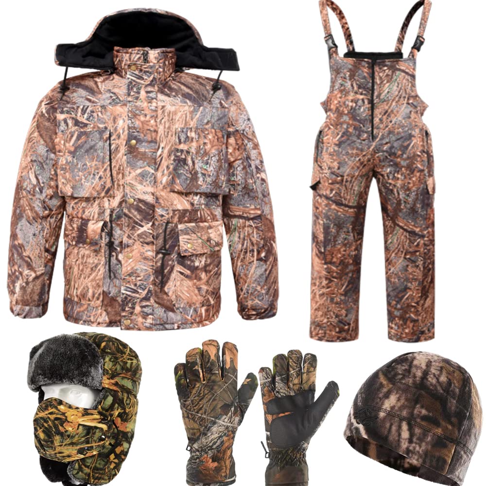 LLAIKEPH Winter Hunting Suits - Fleece Lined Camo Jacket & Bib Pants Set for Men & Women - Waterproof Down Cotton Outdoor Gear for Cold Weather Hunting, Camping & Snow Activities