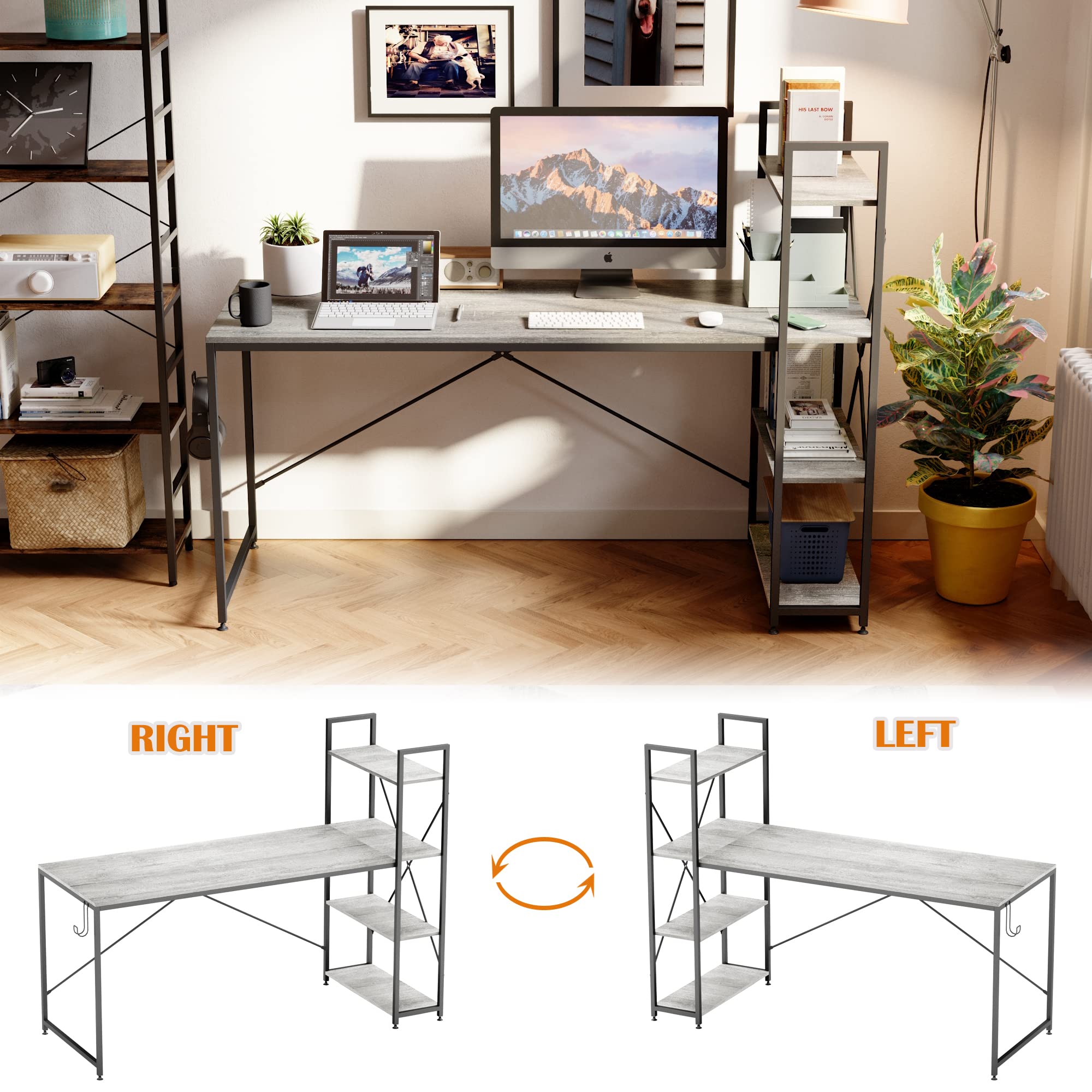 Bestier 63 Inch Adjustable Height Computer Desk with Reversible Bookshelf & Metal Legs - Home Office Desk for Work, Study & Gaming - Wash White Modern Writing Table for Small Spaces & Studio Apartments