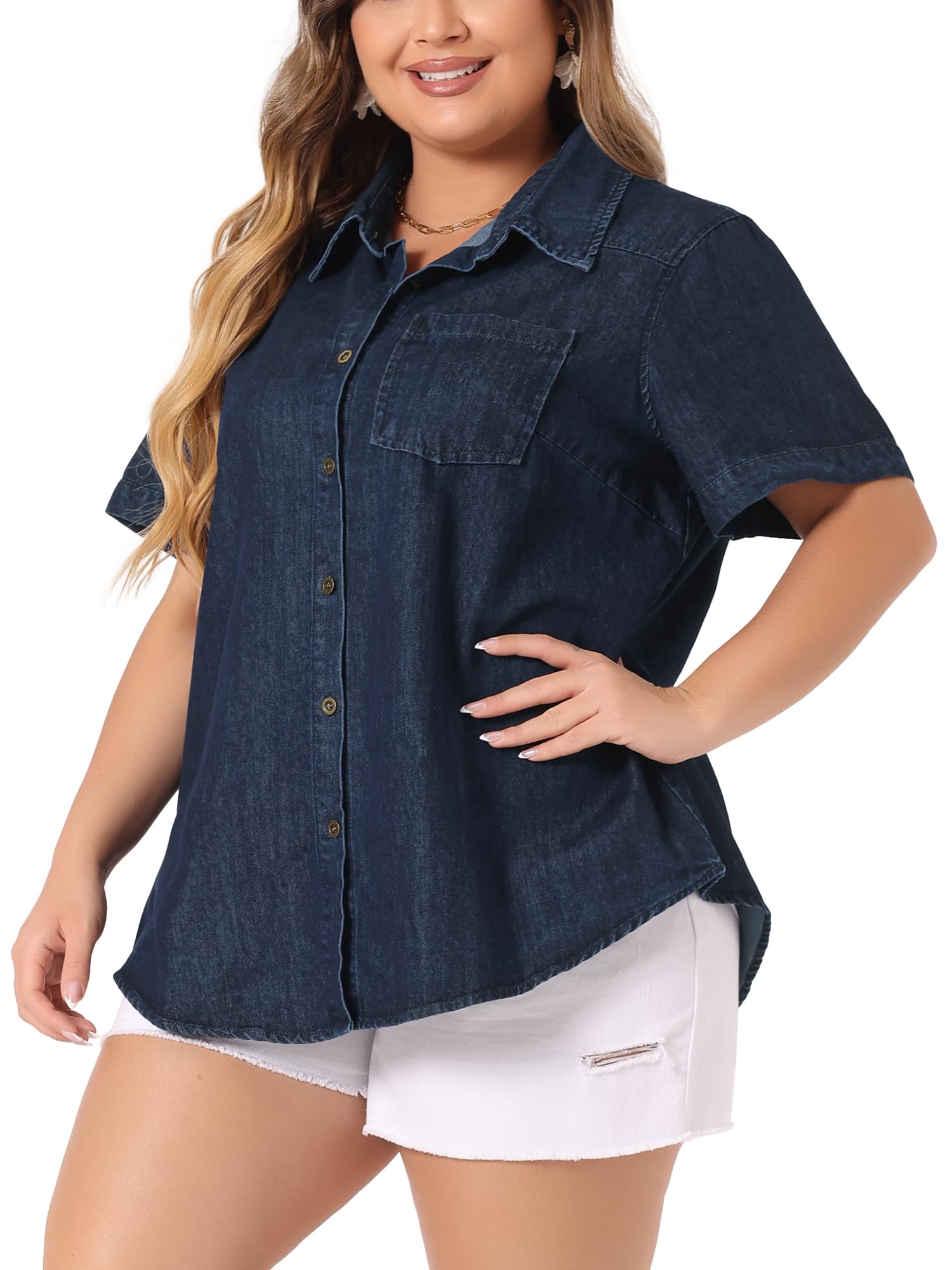 Plus Size Women's Denim Shirt - Short Sleeve Western Button Down Top for Casual Outings