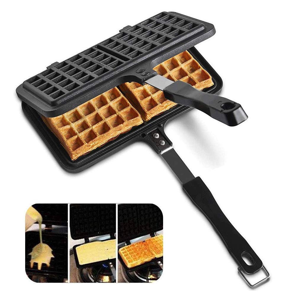 Non-Stick Stove Top Waffle Maker - Cast Aluminum Double-Sided Waffle Iron for Gas Stoves - Perfect for Homemade Belgian Waffles, Breakfast & Camping Cooking