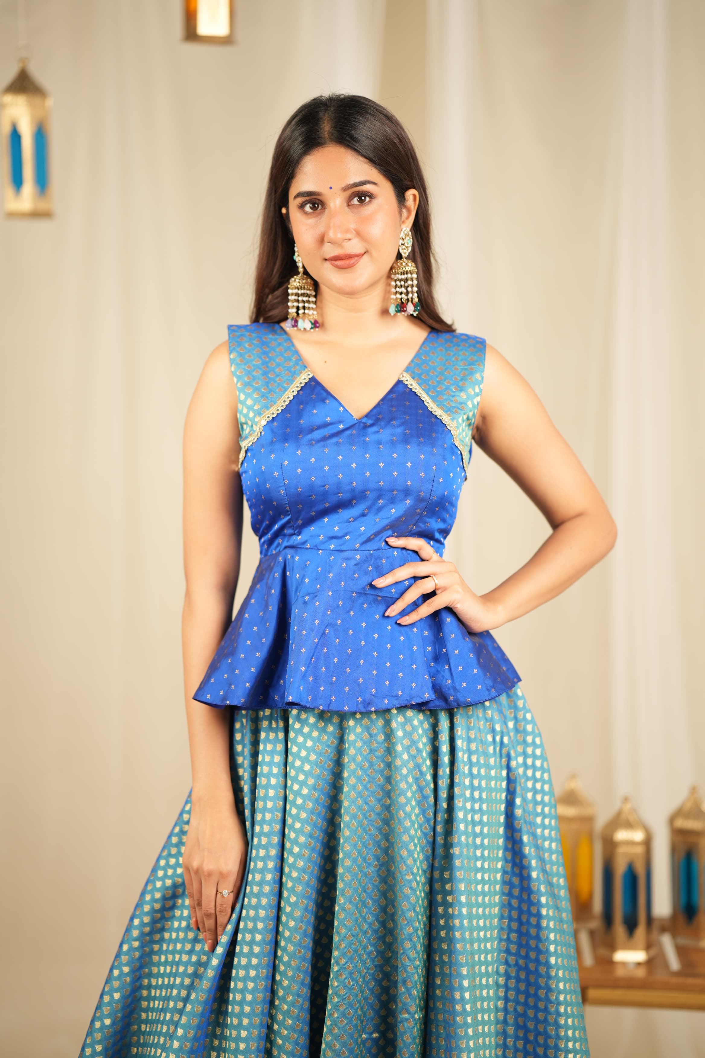 DD633 Megha Premium Banaras Peplum Top and Skirt Set - Elegant Indian Ethnic Wear for Women, Perfect for Weddings, Festivals & Special Occasions