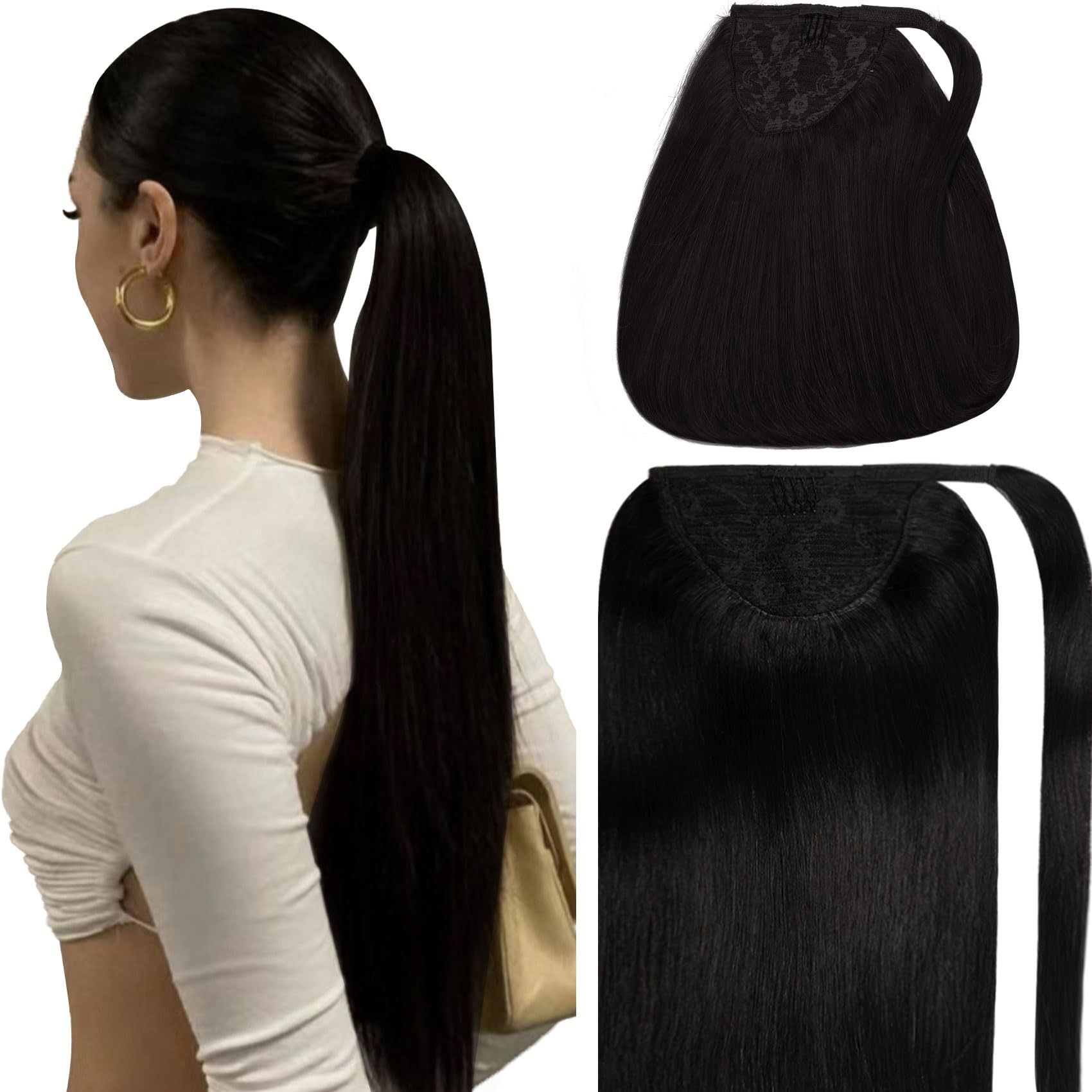 Caliee 100% Real Human Hair Extensions - 18Inch Jet Black Wrap Around Ponytail with Comb (80G) | Clip-in Hairpiece for Women | Perfect for Parties, Weddings & Daily Styling