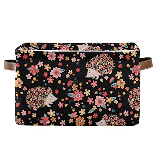 Flowers And Cute Hedgehogs Black