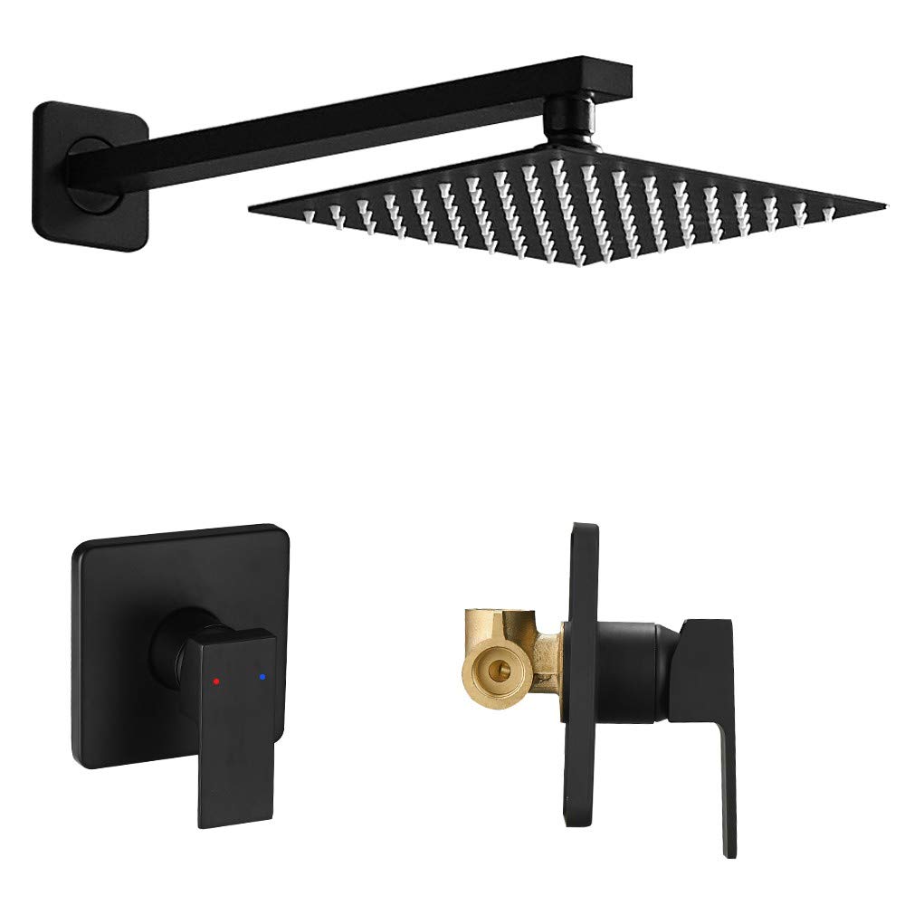 Matte Black Shower Faucet Set - Single Function Shower Trim Kit with Rough-in Valve & Square Rain Shower Head System | Extra Long Shower Arm for Modern Bathroom | Perfect for Spa-Like Showers and Luxury Bathroom Upgrades