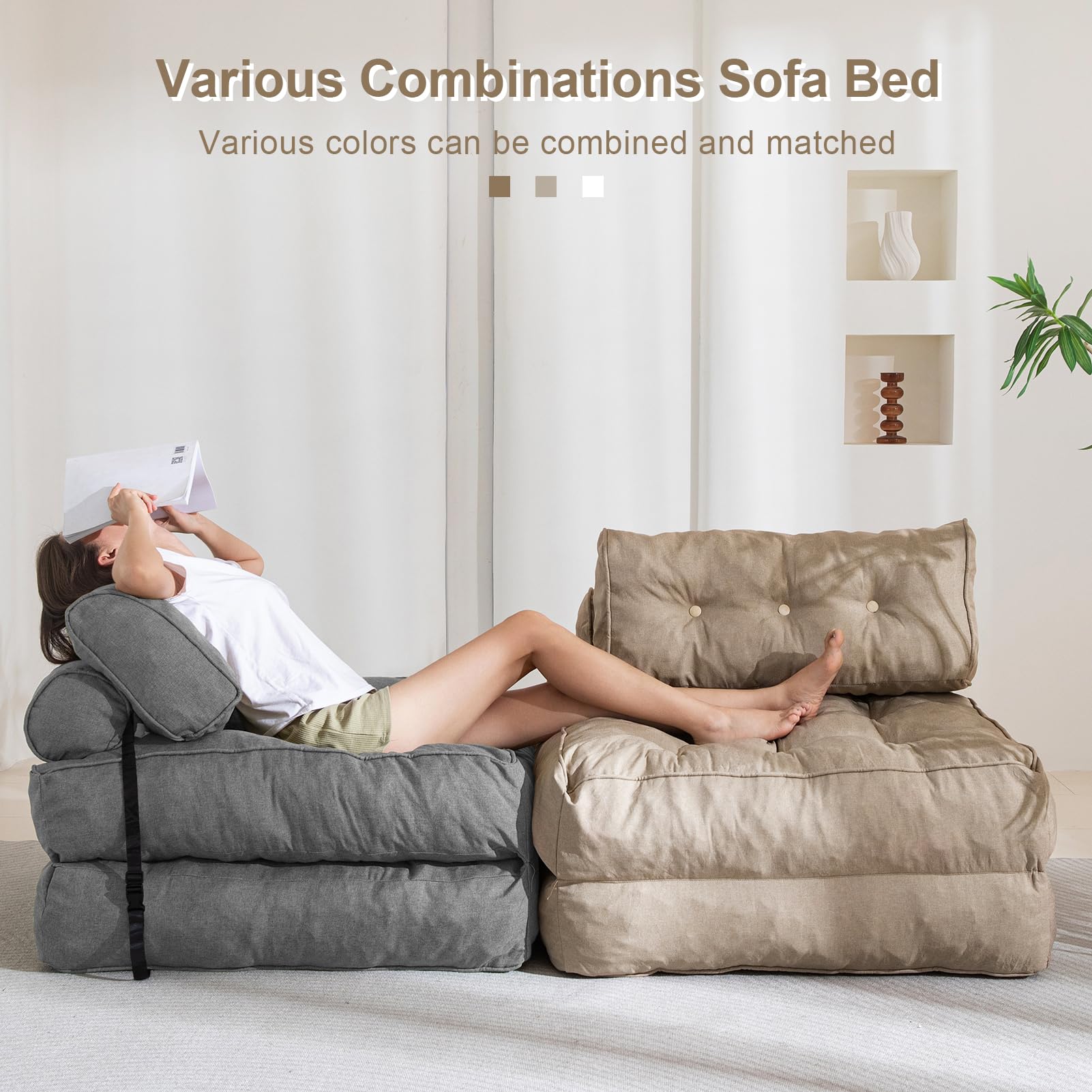 MAXYOYO Folding Couch Sofa Bed - Convertible Sleeper Chair with Back Support & Pillow, Space Saving Grey Futon for Small Apartments, Guest Rooms & Dorm Living