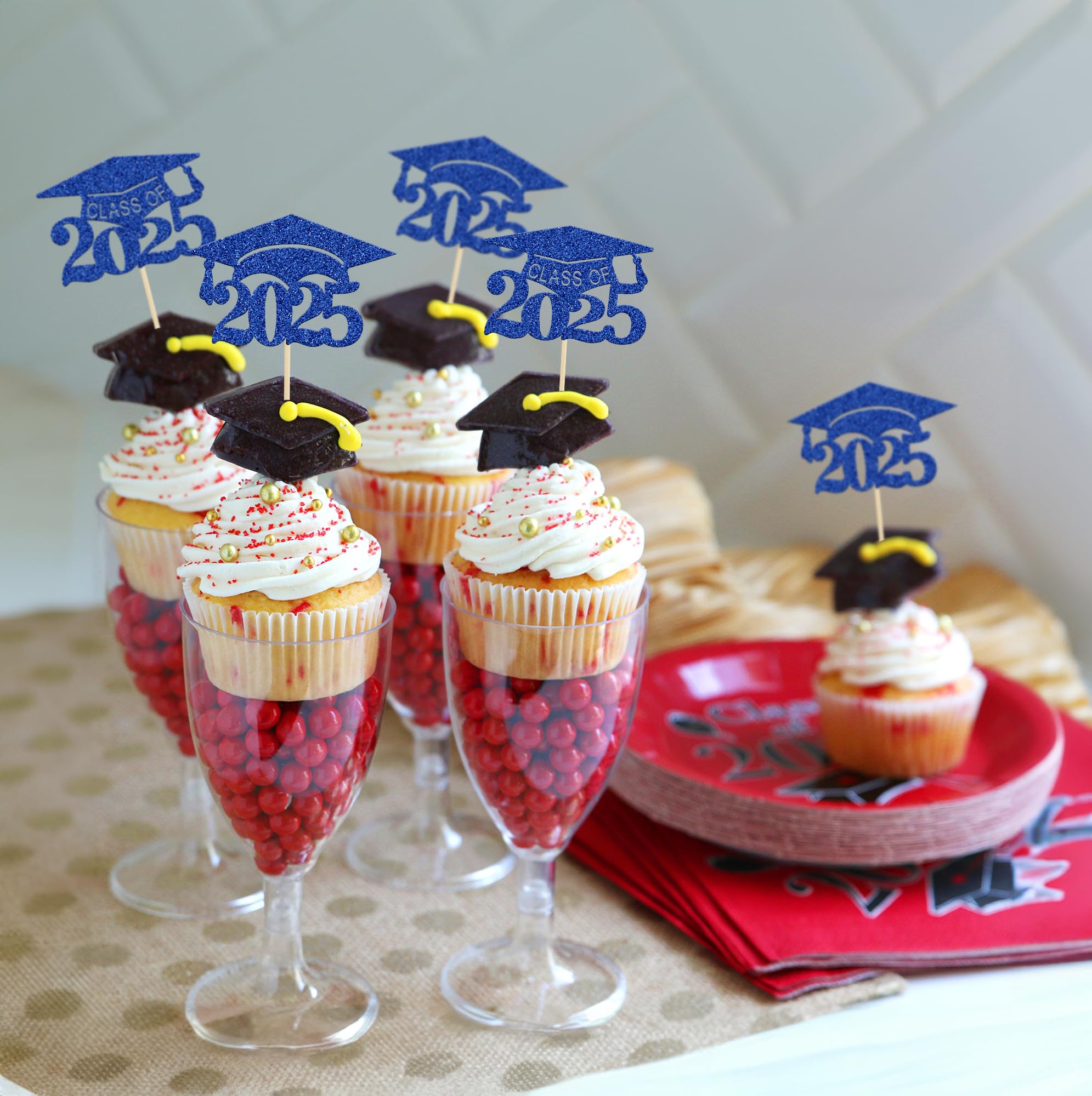 24Pcs 2025 Graduation Cap Cupcake Toppers - Glitter Class of 2025 Grad Cap Cake Decorations - Deep Blue - Perfect for Graduation Party, School Celebration & Dessert Decor