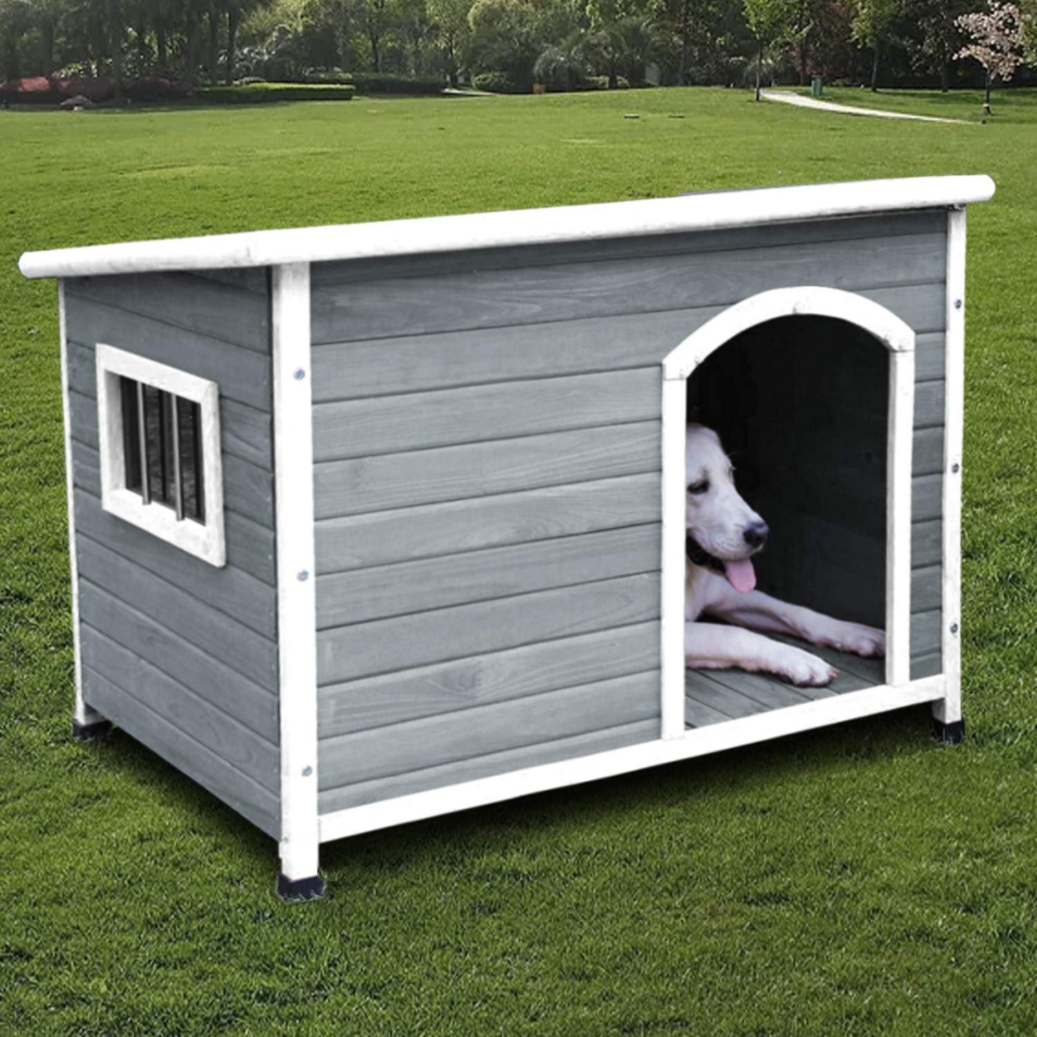 Insulated Wooden Dog House for Outdoor Use - Weatherproof, Durable & Cute Design with Door - Perfect for Backyard, Patio, or Garden Pet Shelter