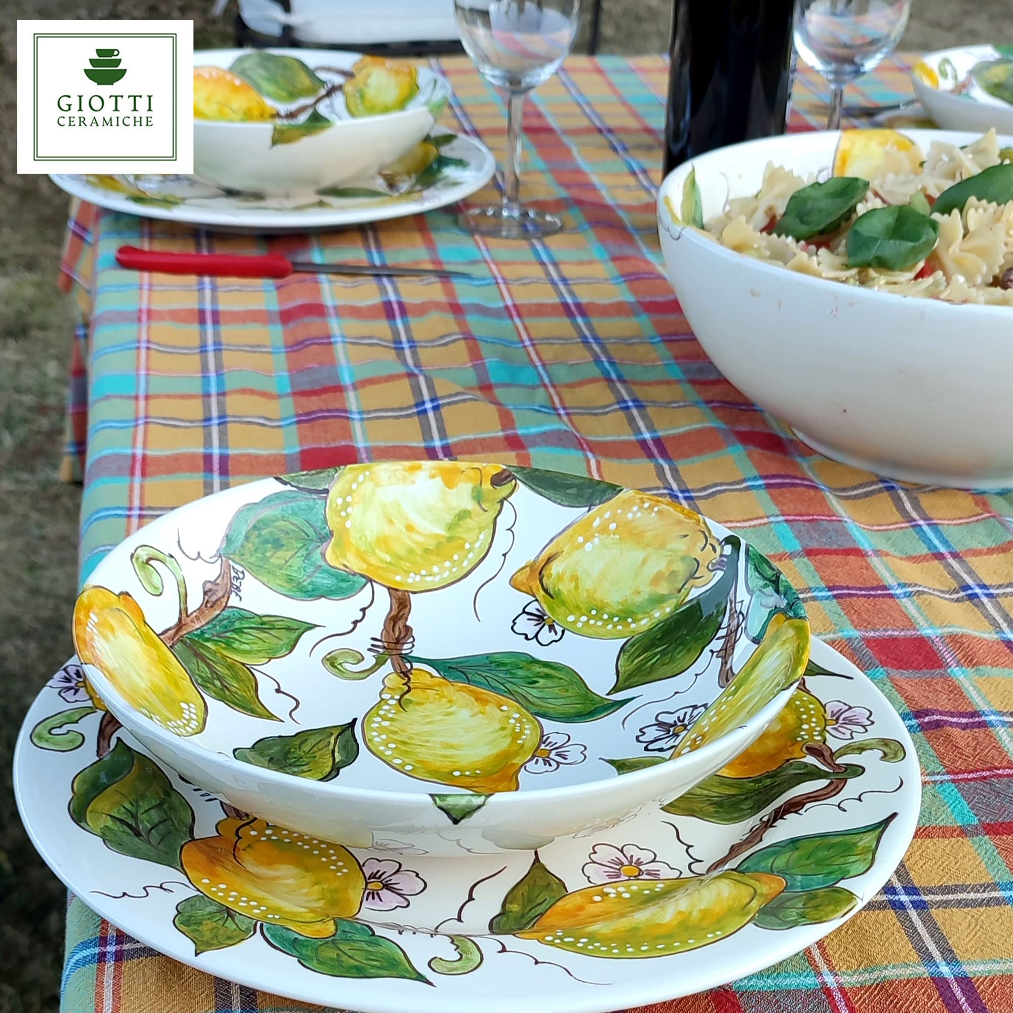Italian Hand-Painted Ceramic Pasta Bowl Set - Large Tuscan Kitchen Dinnerware for Salad, Pasta & Serving - Lemon Design Plates & Serving Trays - Authentic Made in Italy Pottery (Perfect for Family Dinners, Italian Restaurants & Gift Giving)