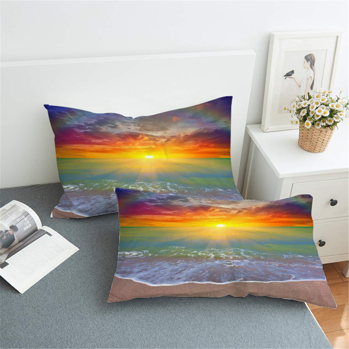 Sleepwish Sunset Rainbow Pillowcases - 2 Pack Queen Size Colorful Beach Themed Pillow Shams for Girls, Soft & Breathable Bedding Accessories - Perfect for Beach House Decor, Teen Room, Boho Chic Bedroom