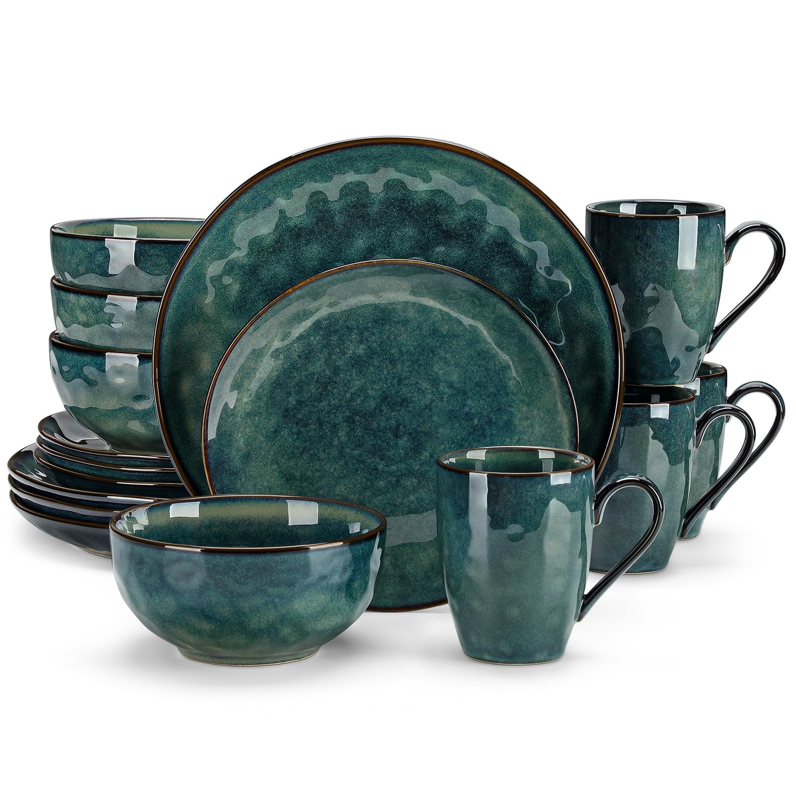Vancasso Starry 16-Piece Green Dinnerware Set - Reactive Glaze Change Ceramic Plates & Bowls - Elegant Tableware for Dinner Parties, Restaurants & Home Decor