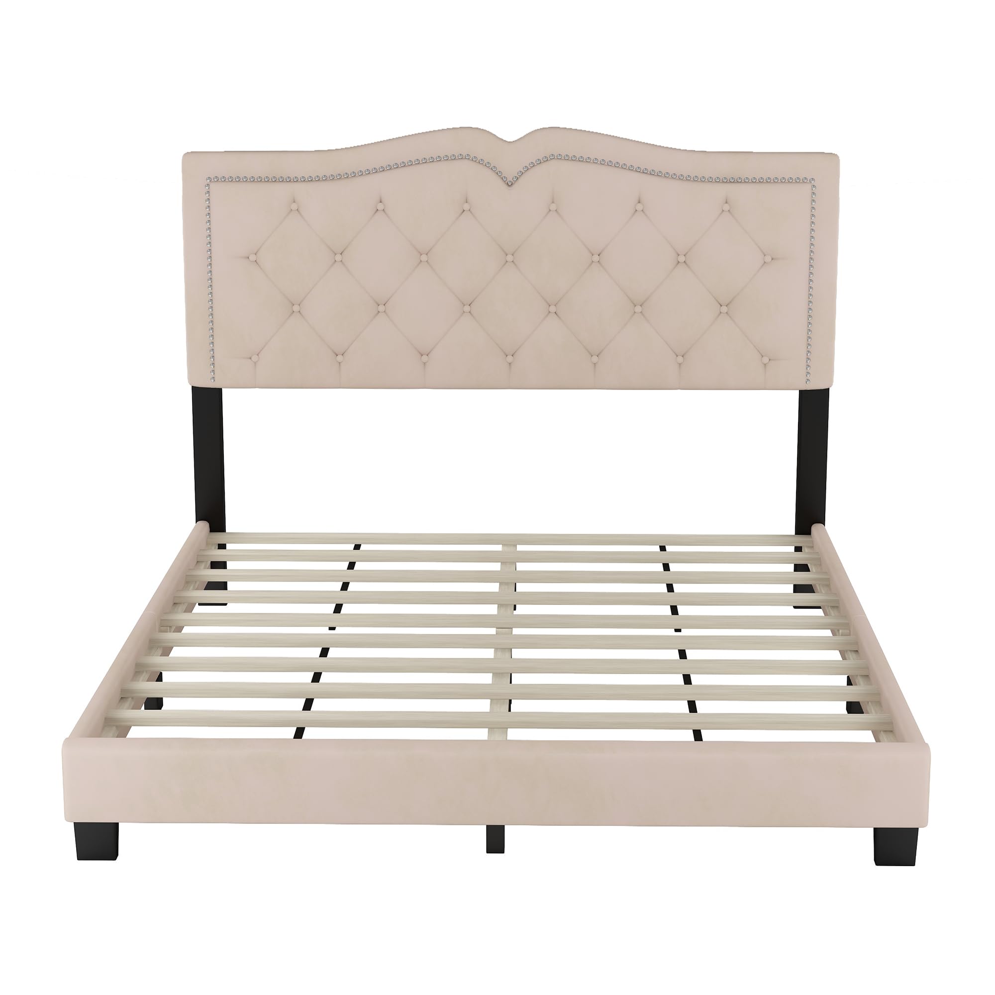 Luxury Velvet Upholstered Platform Bed Frame with Rivet Design - Queen Size Soft Headboard Bed with Slats, No Box Spring Needed - Easy Assembly Modern Bedroom Furniture (Beige) | Perfect for Master Bedrooms, Guest Rooms & Small Space Apartments