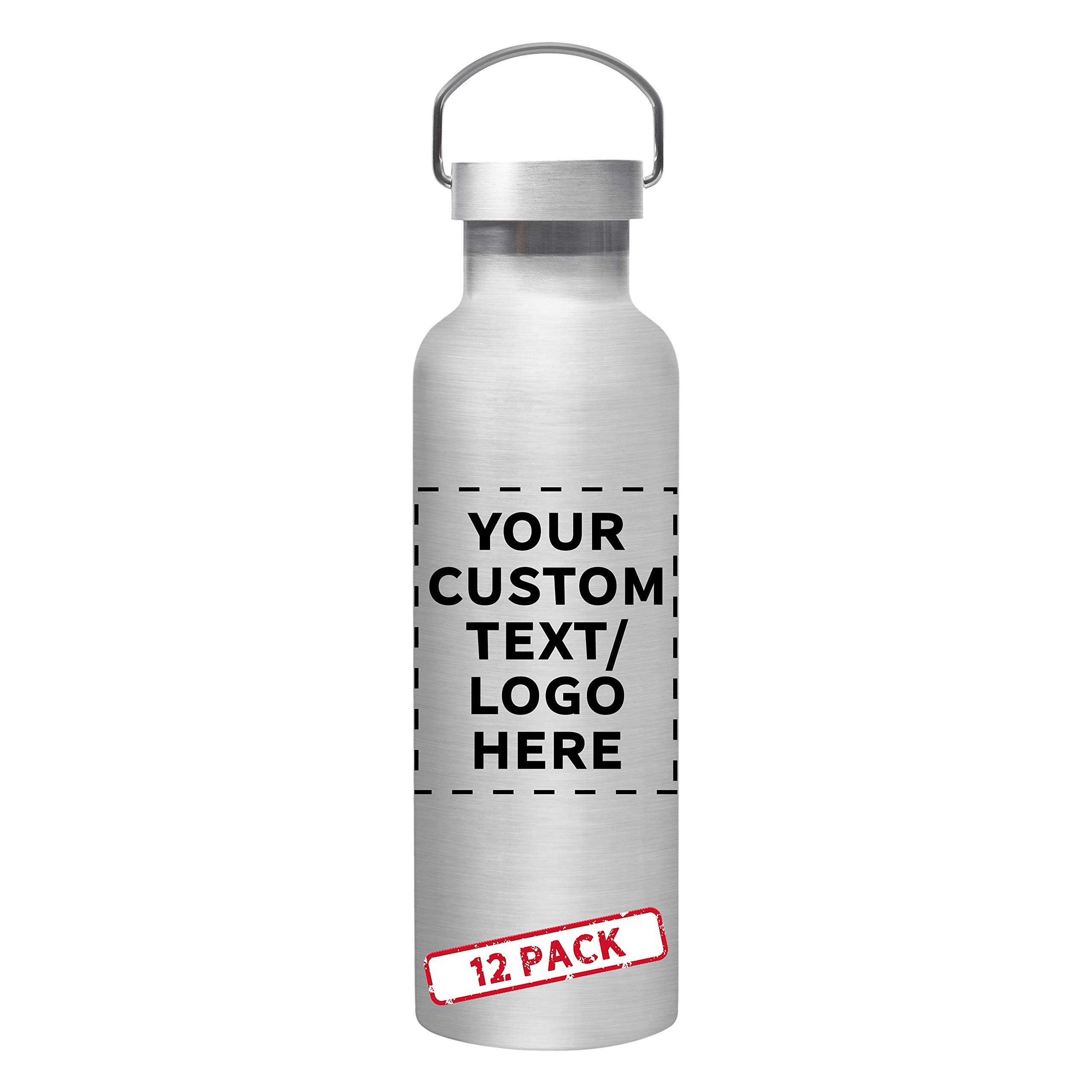 12 Pack 25 oz Stainless Steel Water Bottles with Custom Text & Logo - Double Wall Insulated, Wire Handle - Silver - Perfect for Camping, Hiking, Gym & Outdoor Activities