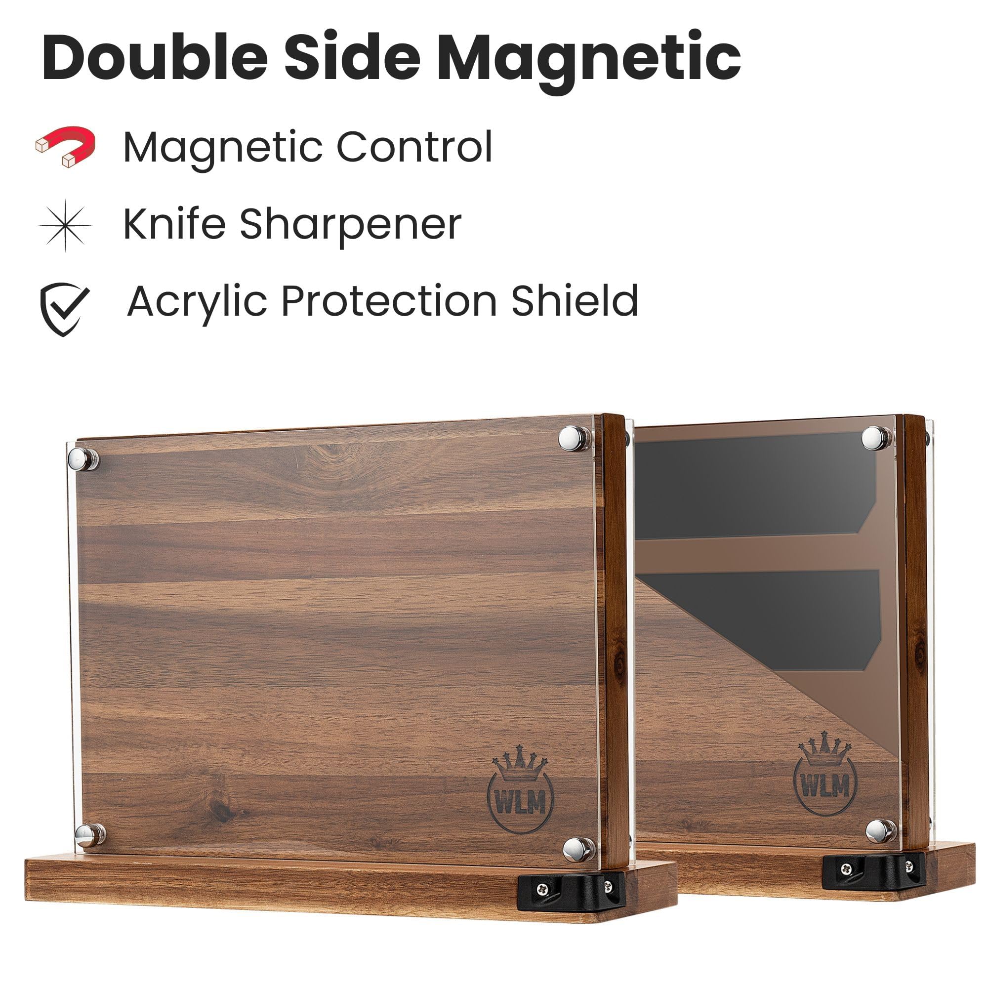 WLM Magnetic Knife Holder with Acrylic Shield & Built-in Knife Sharpener - Strong Double-Sided Magnetic Stand for Kitchen Knife Storage (Knives Not Included) | Perfect for Professional Chefs & Home Cooks to Organize & Sharpen Knives Safely