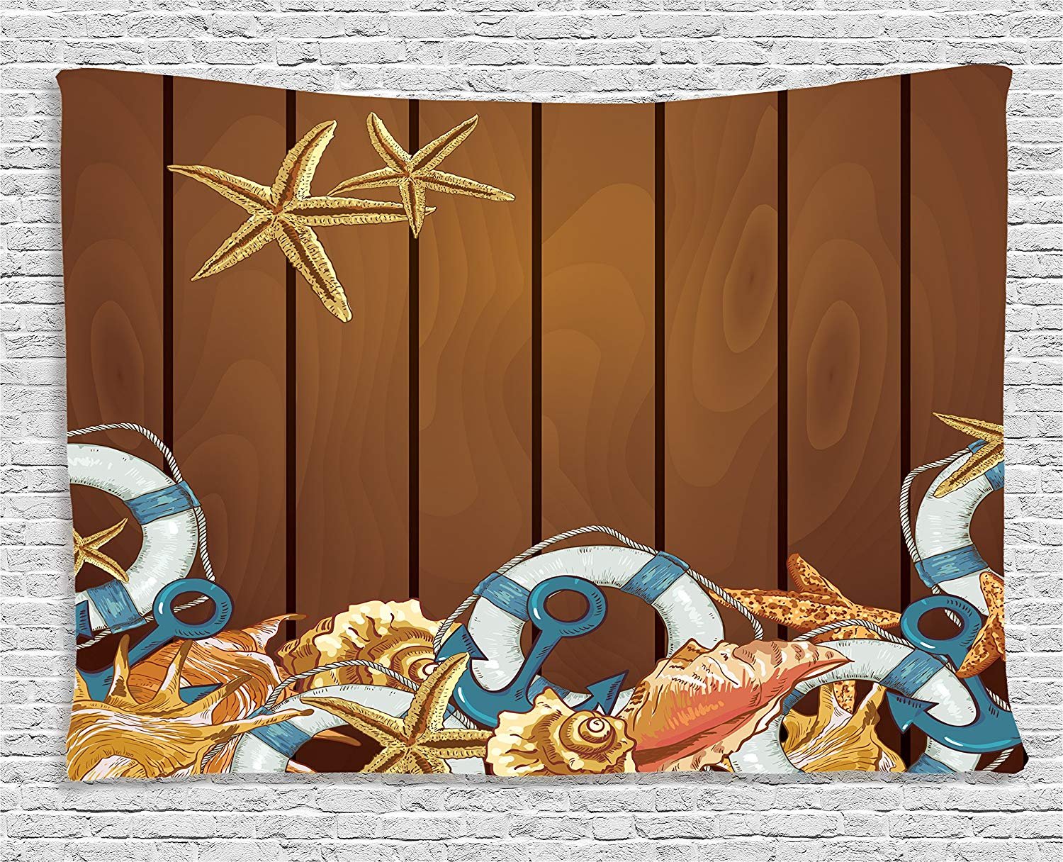 Ambesonne Nautical Tapestry - Seashells Anchors Starfish Design on Wooden Backdrop, Coastal Beach Theme Wall Hanging Decor for Bedroom, Living Room, Dorm (60x40 Inches, White & Brown) | Perfect for Beach House, Summer Decor & Boho Room Aesthetic