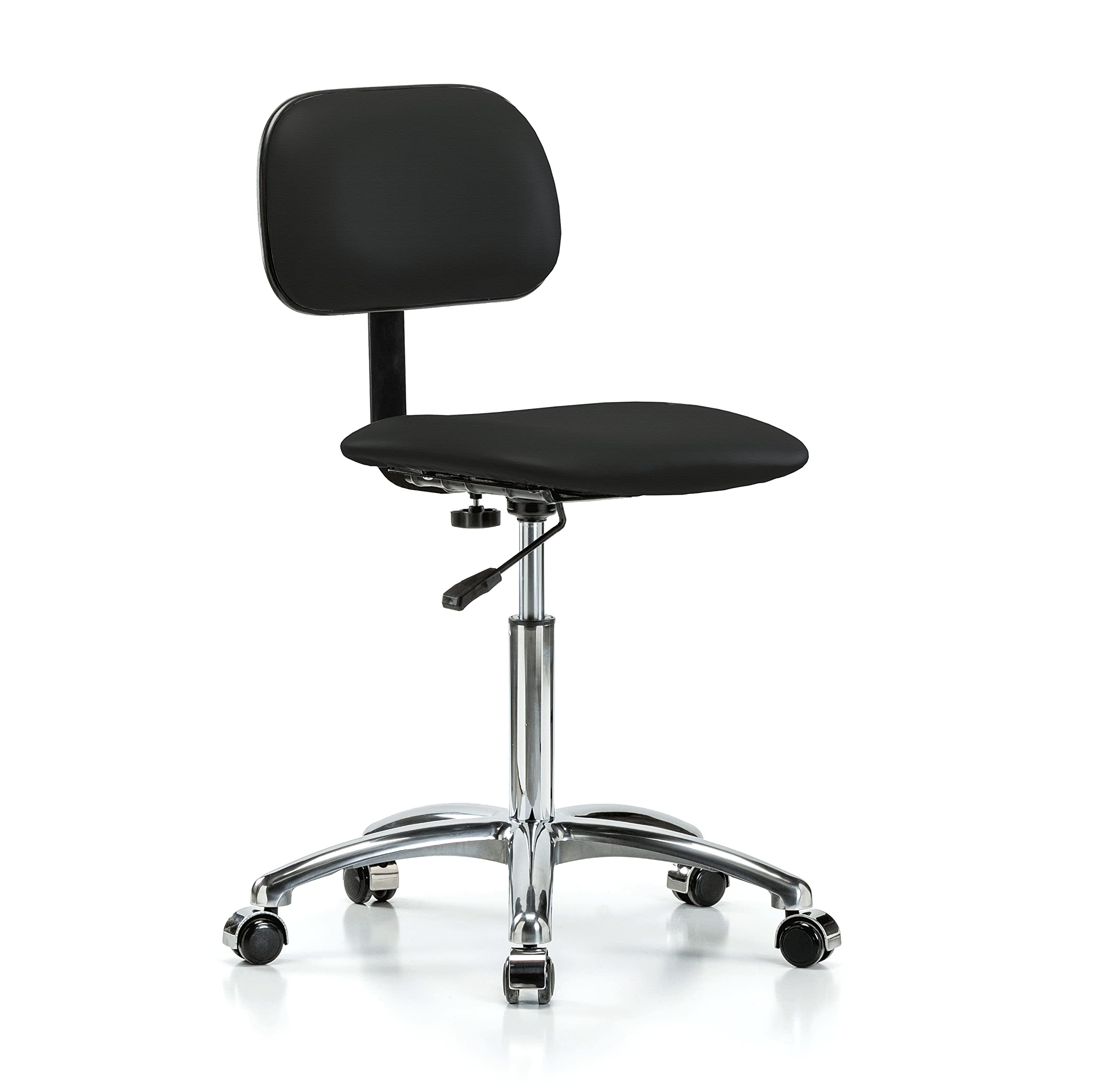 Adjustable Black Fabric Perch Chrome Rolling Lab Chair - Ergonomic Workbench Height Stool for Hardwood & Tile Floors - Perfect for Laboratories, Workshops & Home Offices