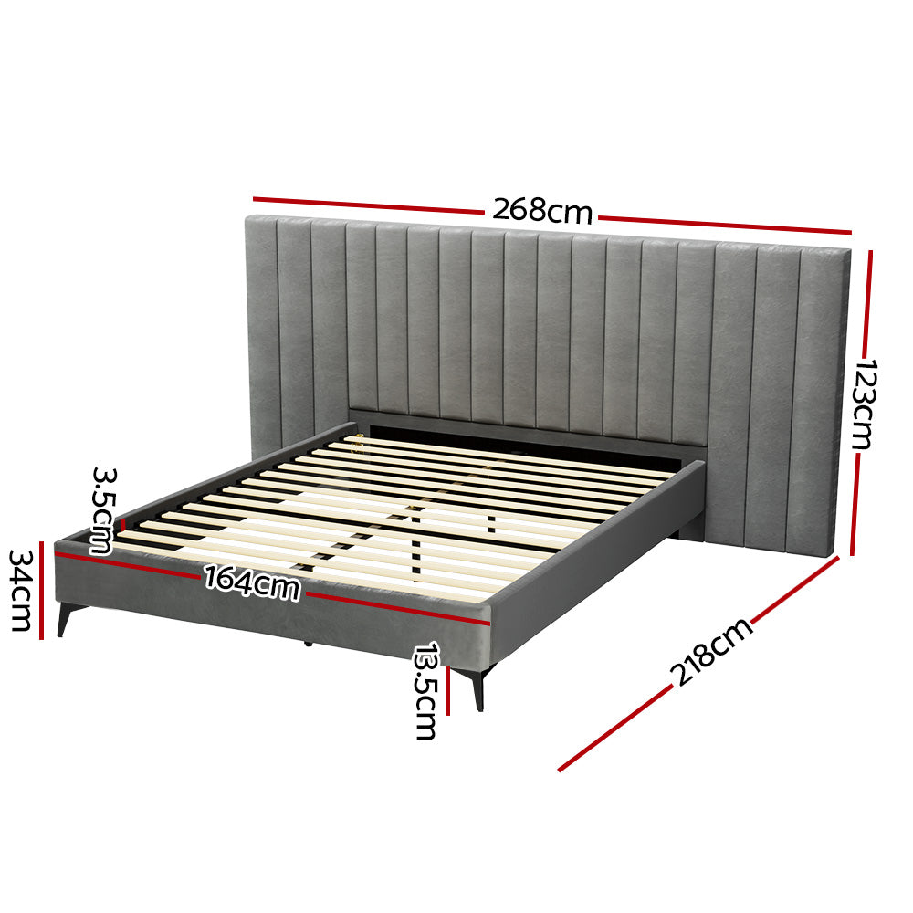 Burnett Queen Bed Frame with Oversized Headboard - Soft Velvet Upholstery in Elegant Grey | Perfect for Master Bedroom, Guest Room & Apartment Decor