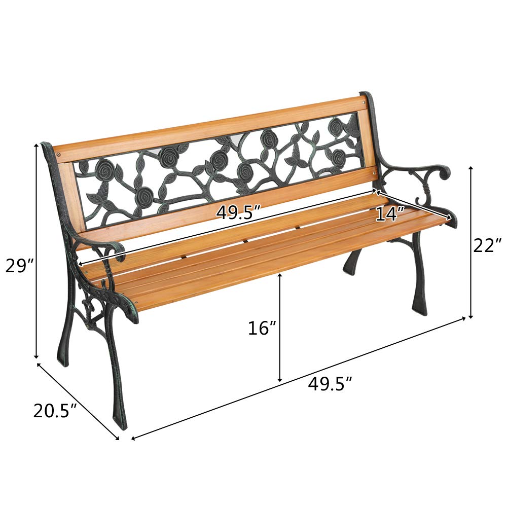 49-Inch Hardwood Garden Bench with Cast Iron Frame - Double Chair with Rose Back Design - Perfect for Backyard, Porch, Deck, Terrace & Garden Pathways (Outdoor Relaxation & Patio Decor)
