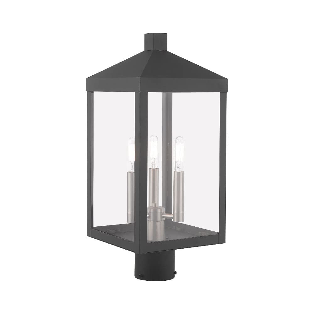 Livex Lighting 3-Light Brushed Nickel Outdoor Post Top Lantern - Weatherproof Exterior Light Fixture for Porch, Garden, Pathway & Entryway Lighting