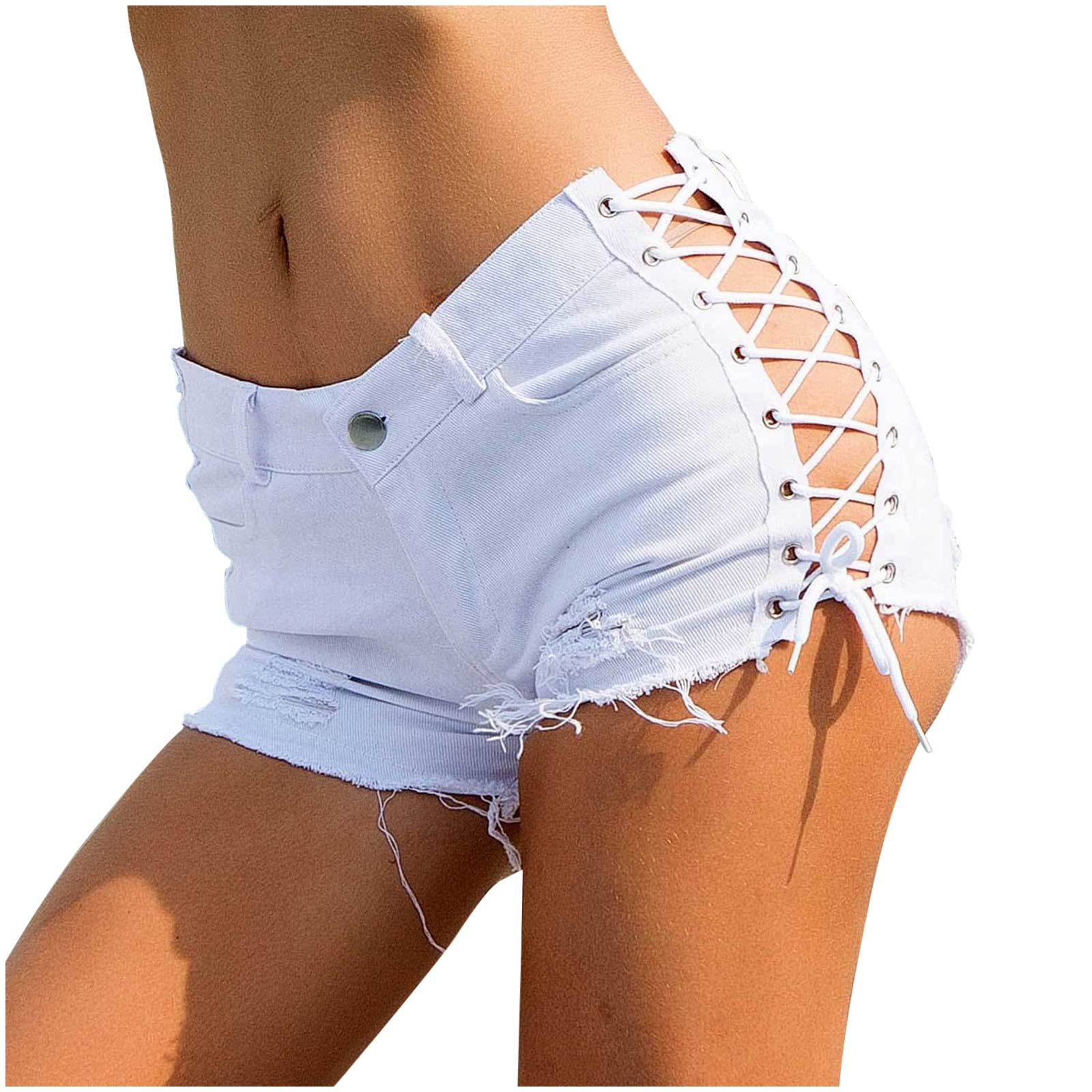 Sexy Low Rise Ripped Denim Shorts for Women - Y2K Fashion Slim Fit with Drawstring & Raw Hem | Perfect for Summer, Nightclub & Casual Outfits