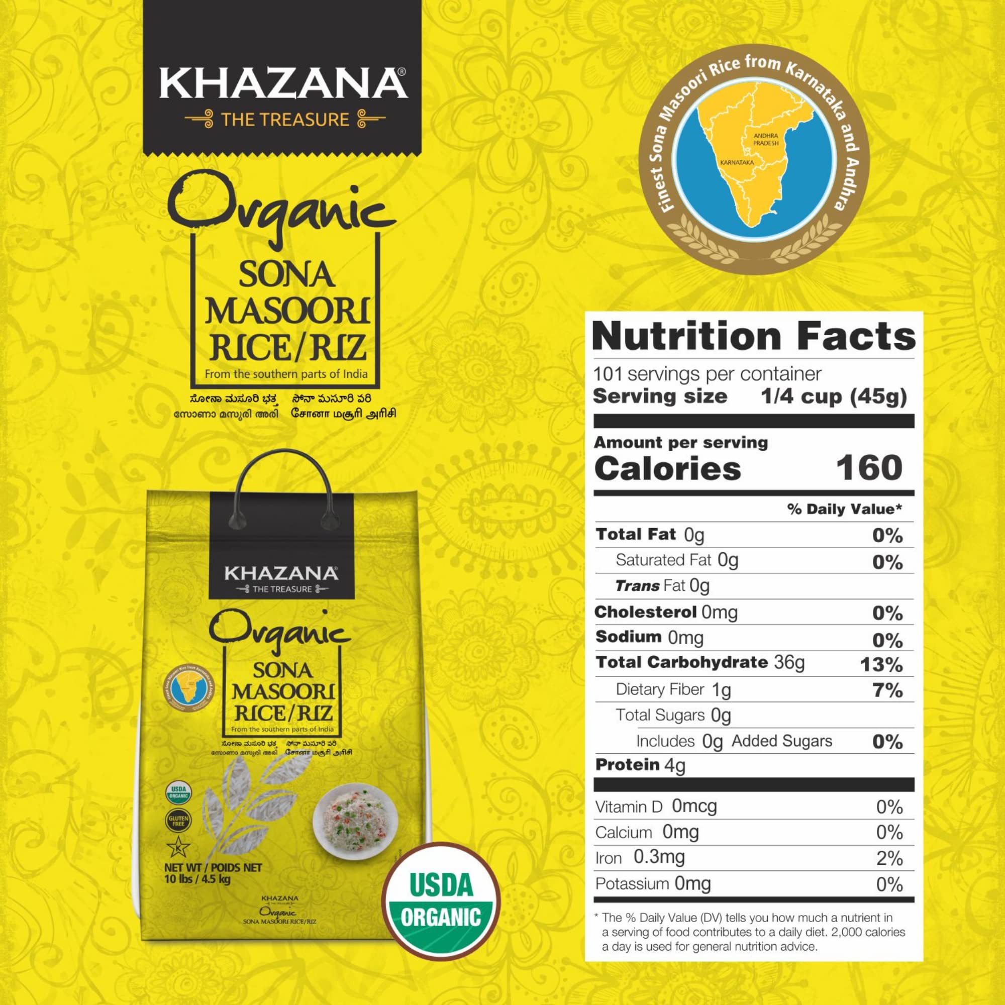 Khazana Organic Sona Masoori Rice - 10 lb Bag of Aromatic Indian Basmati - Non-GMO, Gluten-Free, Kosher, Cholesterol-Free Whole Grain - Perfect for Biryani, Pulao & Healthy Meals