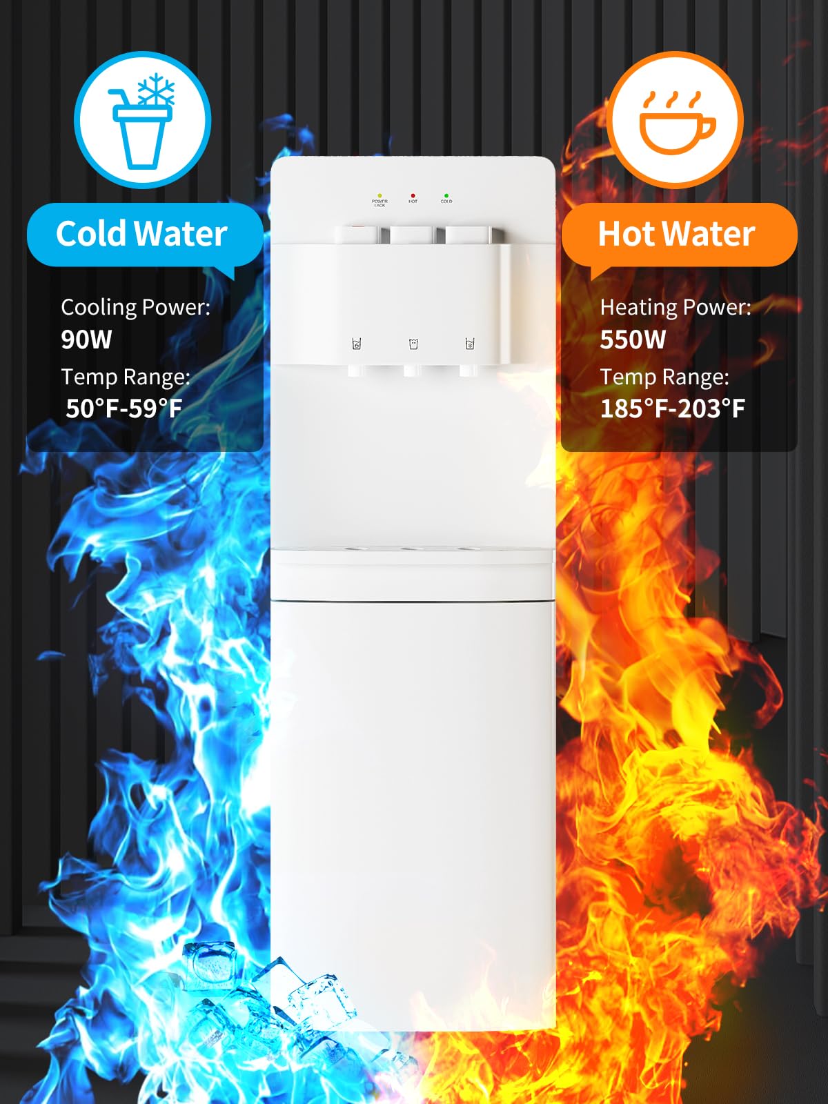 TABU 3/5 Gallon Water Dispenser with Hot, Cold & Room Temperature Settings - Self-Cleaning Bottle Loading Water Cooler with Child Safety Lock & Anti-Scalding Design (White) - Perfect for Home, Office & Dorm Use