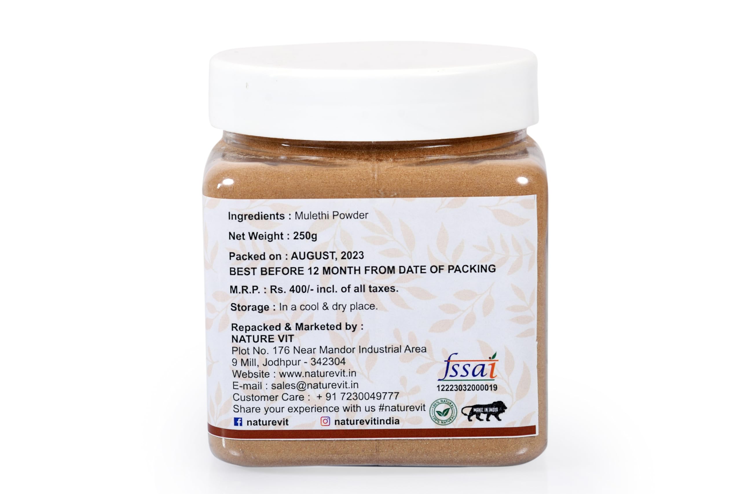 NatureVit Mulethi Powder (Yashtimadhu/Licorice) 250g Jar - Organic Face & Hair Care, Edible Supplement | Skin Brightening, Acne Treatment, Hair Growth | Natural Preservative-Free for DIY Beauty & Wellness