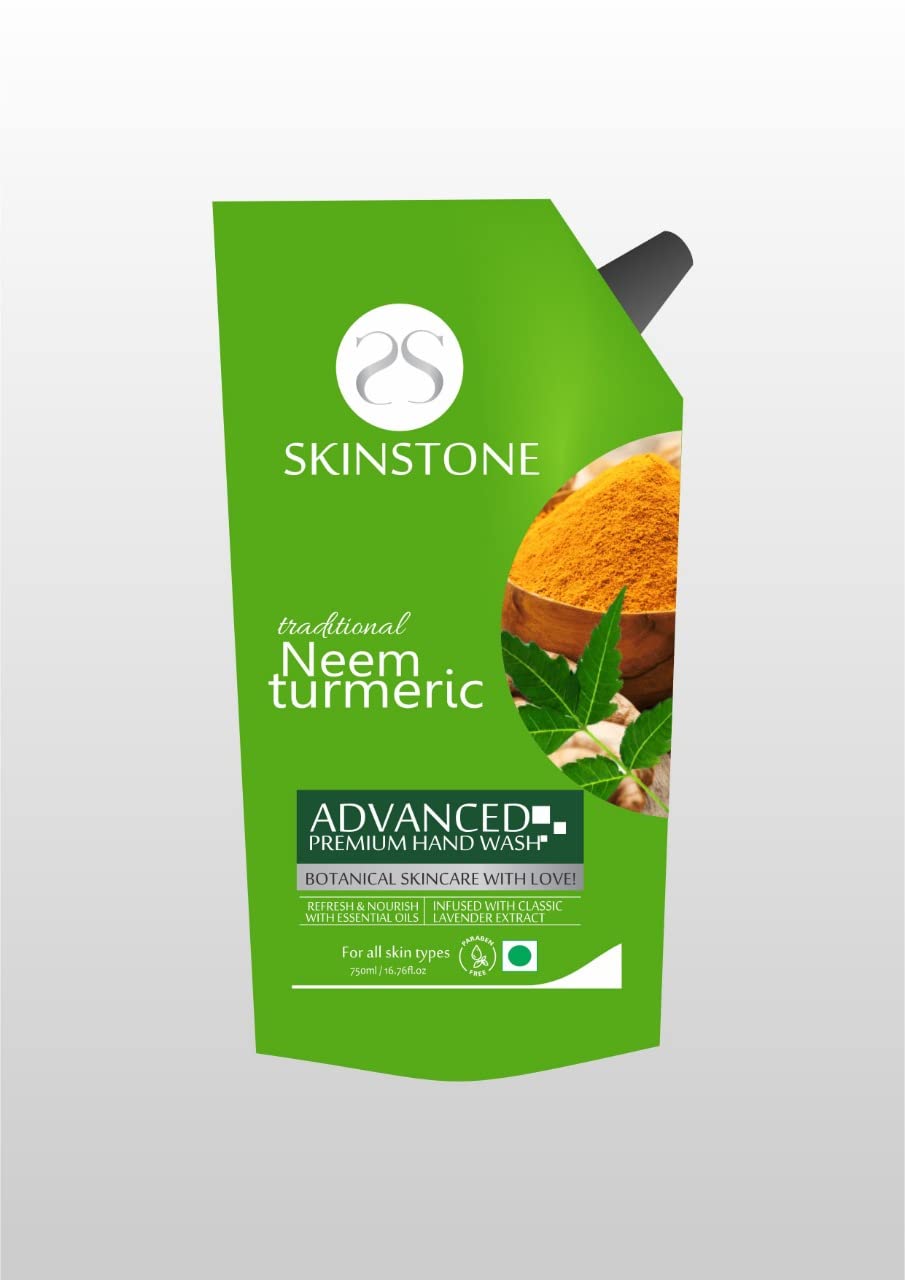 Skinstone Traditional Neem & Turmeric Hand Wash Refill Pack - 750ml | Natural Antibacterial Liquid Soap | For Kitchen, Bathroom & Travel Use