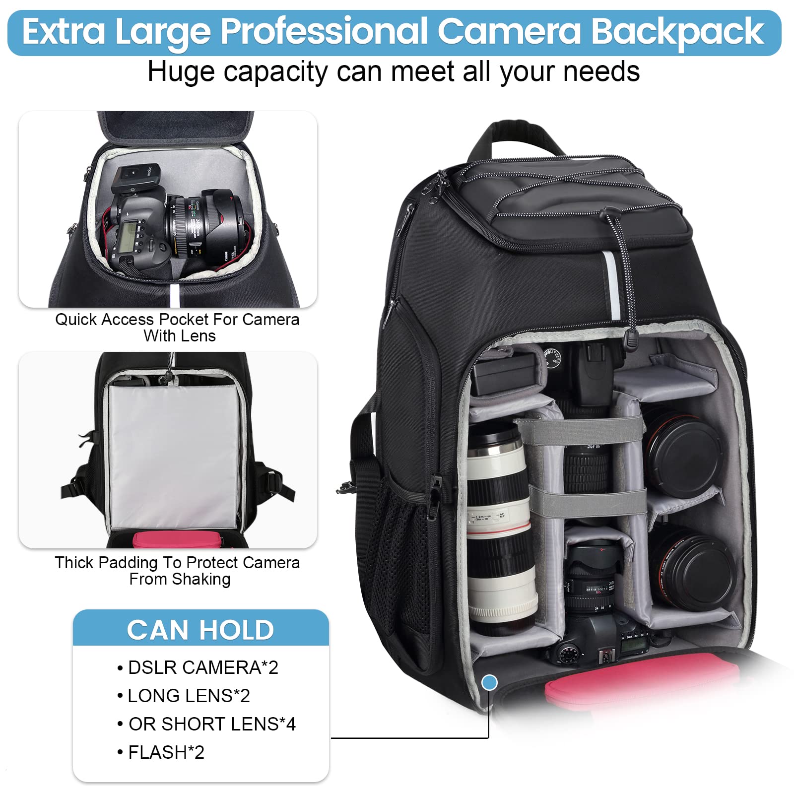 Endurax Professional Waterproof Camera Backpack for DSLR/SLR/Mirrorless Cameras & Drones - Large Photography Bag with Laptop Compartment, Tripod Holder & Rain Cover - Perfect for Travel, Hiking and Outdoor Photography