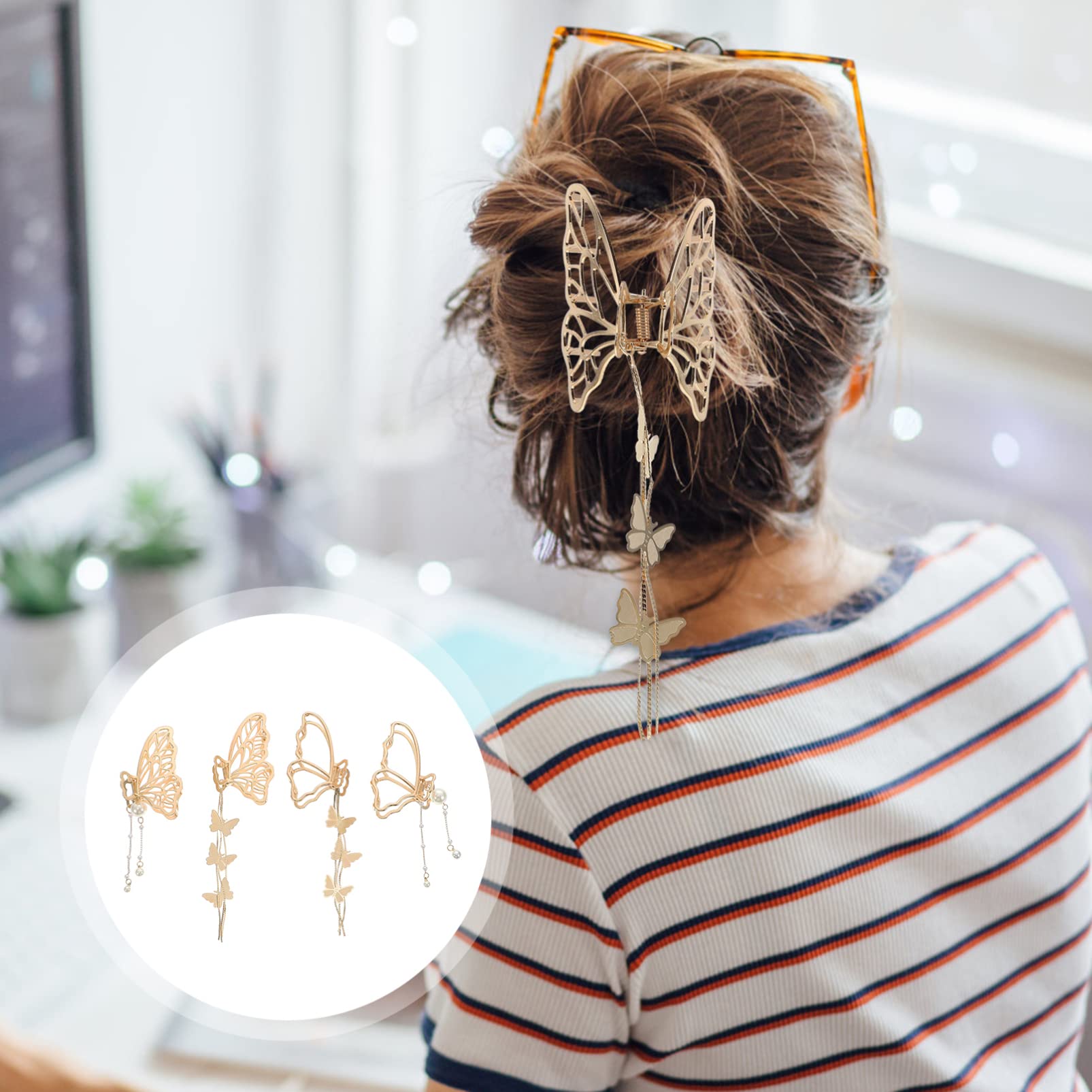 4pcs Butterfly Pendant Hair Clips for Women - Gold Metal Hair Claw Clips with Non-Slip Grip, Alloy Hair Accessories for Party, Wedding, and Everyday Use