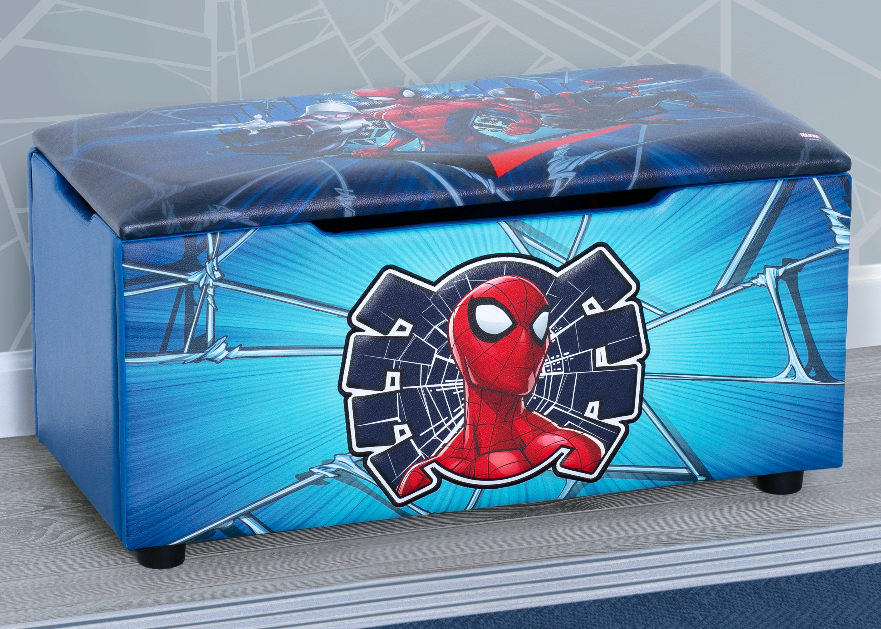 Spider-Man Kids Upholstered Storage Bench - Superhero Themed Toy Organizer for Bedroom, Playroom & Living Room - Perfect for Toys, Books & Blankets Storage