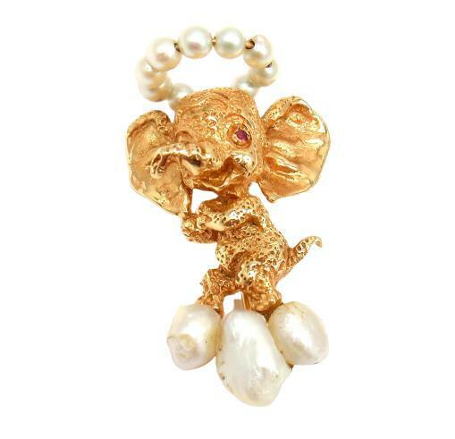 Vintage 14K Yellow Gold Republican Ruby Pearl Happy Elephant Brooch Pin - Rare Collectible Jewelry for Women, Gift for Elephant Lovers, Perfect for Parties & Special Occasions