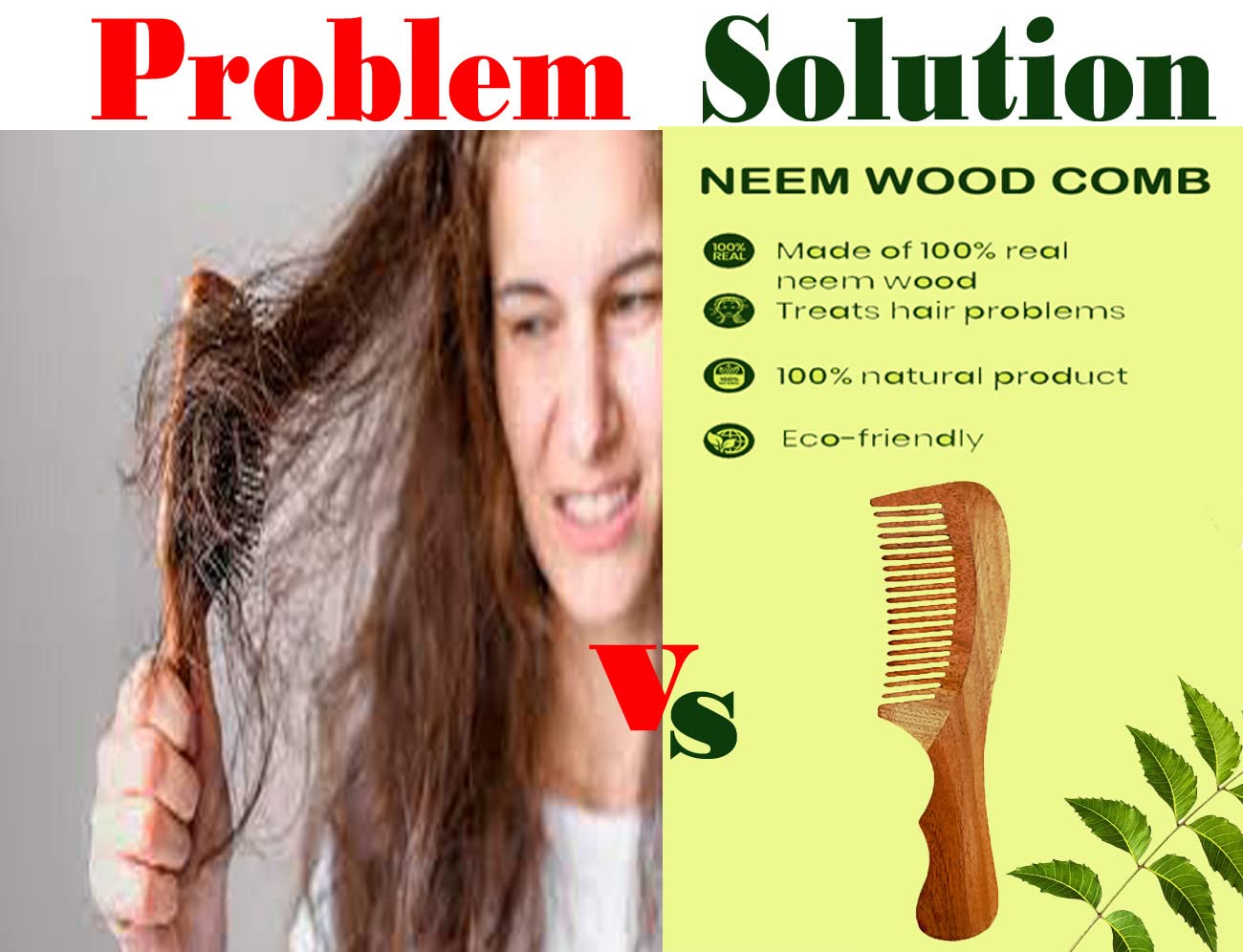 Rufiys Kacchi Neem Wood Hair Comb for Women & Men - Anti Dandruff Wooden Comb with Handle for Curly & Wavy Hair - Promotes Hair Growth - Perfect for Daily Hair Care & Scalp Massage