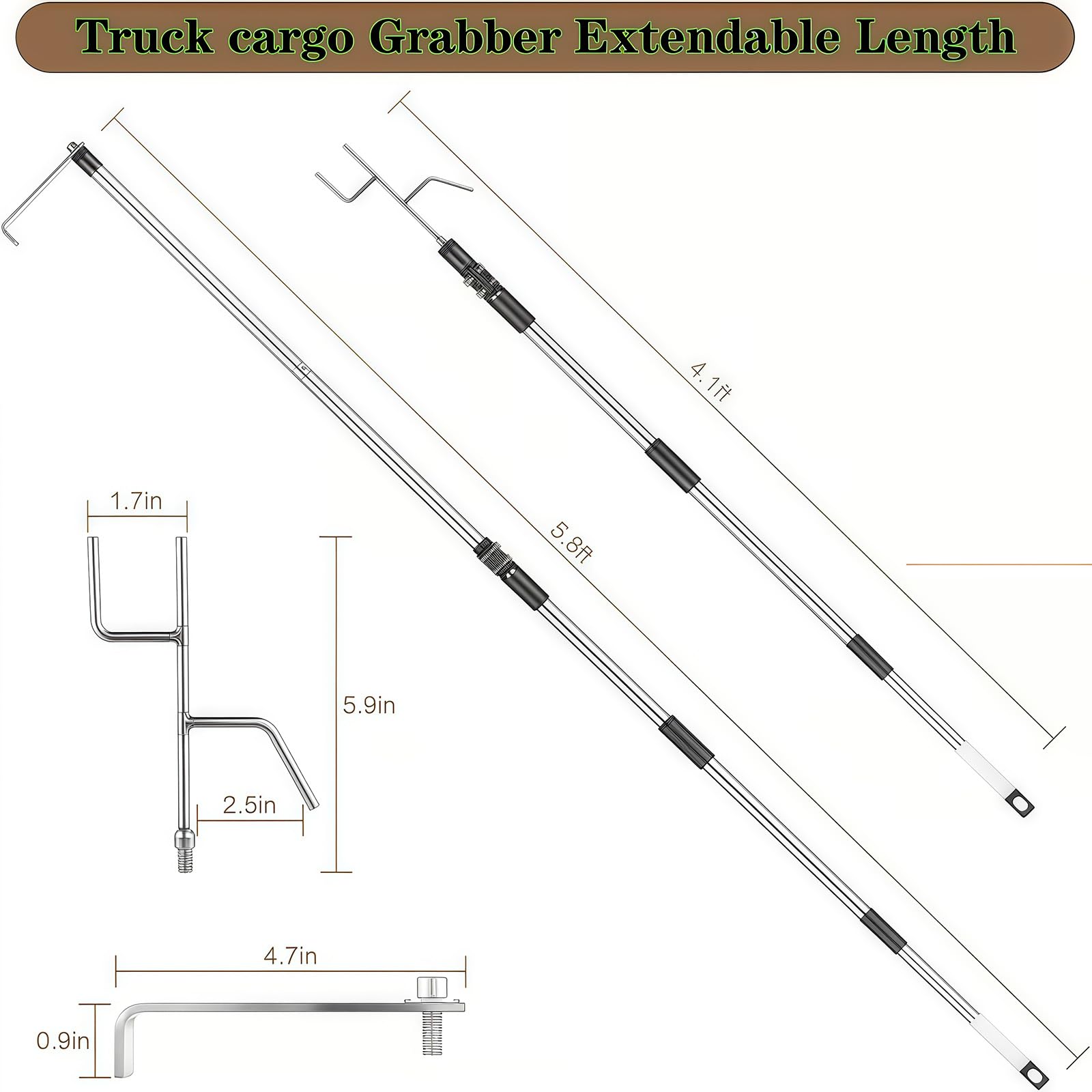 Telescoping Truck Bed Cargo Grabber with Magnetic Hook & Non-Slip Rubber Handle - 59