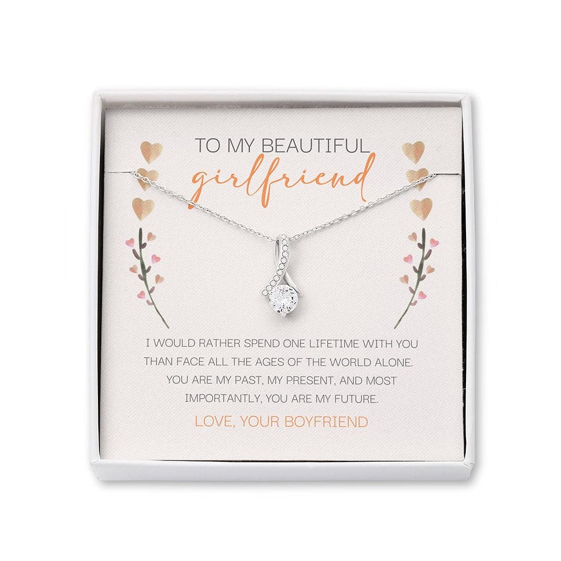 Beautiful Girlfriend Necklace - 6 Month & 1 Year Anniversary Gift from Boyfriend, White Gold Pendant Necklace for Her - Perfect Birthday, Christmas Present with Gift Box & Message Card - Romantic Jewelry for Date Nights, Valentine's Day & Special Occasions