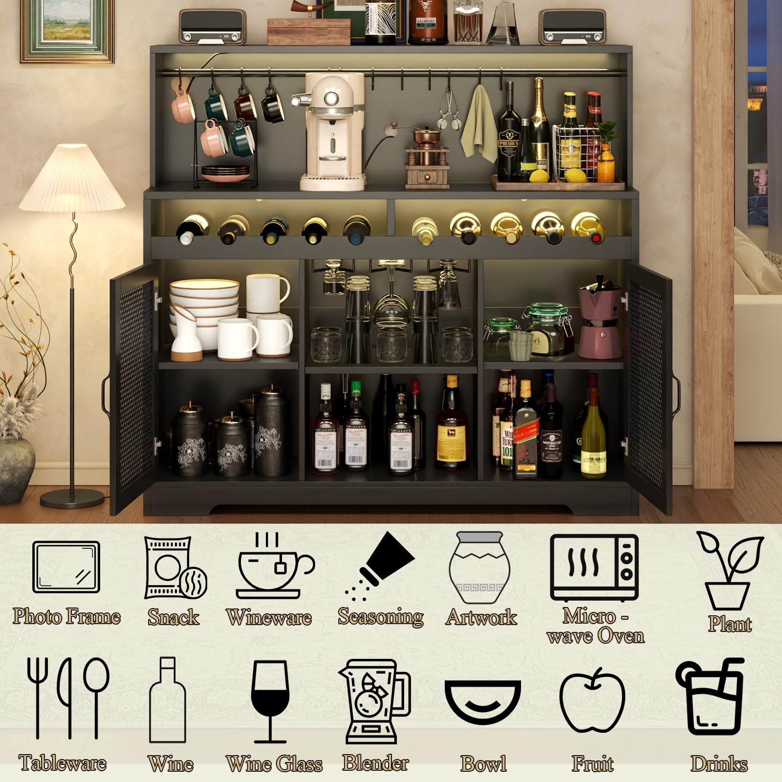 Loomie Modern Wine Bar Cabinet with LED Lighting - Glass Holder Liquor Storage & Coffee Bar Buffet Cabinet with Wine Racks & Mesh Door - Perfect for Home Bars, Dining Rooms & Entertaining (Black)