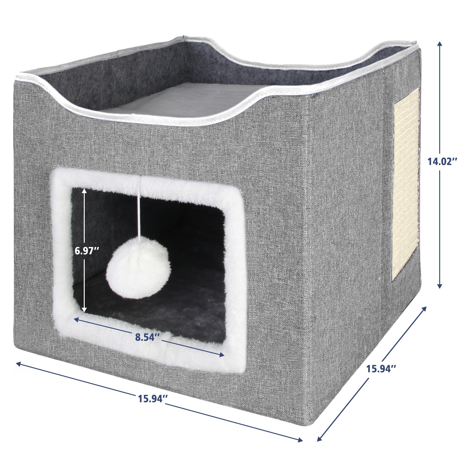 BEDELITE Foldable Cat Bed for Indoor Cats - Cozy Cat House with Scratch Pad & Toy Ball, Portable Cat Condo & Kitten Cave Hideaway, 15.4×15.4×12.6 inches (Grey) - Perfect for Living Room, Bedroom & Pet-Friendly Spaces