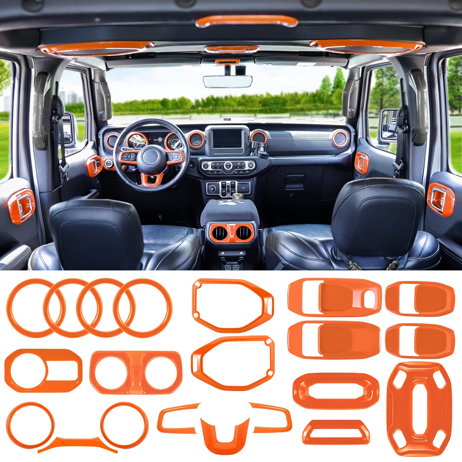21PCS Full Interior Trim Kit for Jeep Wrangler JL/JLU (2018-2023) & Gladiator JT - AC Vent, Door Handle, Speaker, Light & Headlight Switch Covers (Orange) | Premium Car Interior Accessories for Off-Roading & Daily Driving